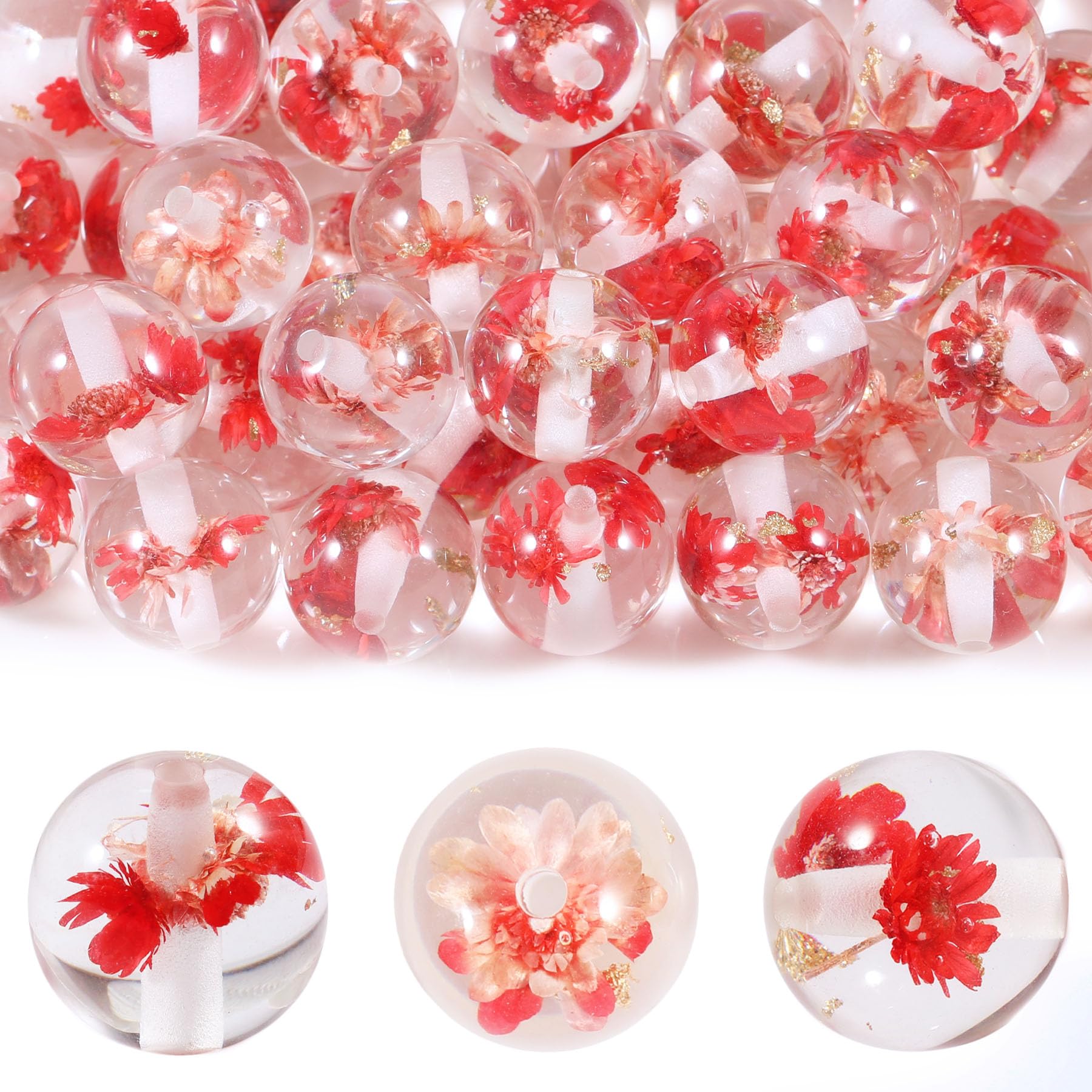 Perles rondes en résine 16 mm avec fleurs séchées rouges pour création de bijoux (Lot de 15)