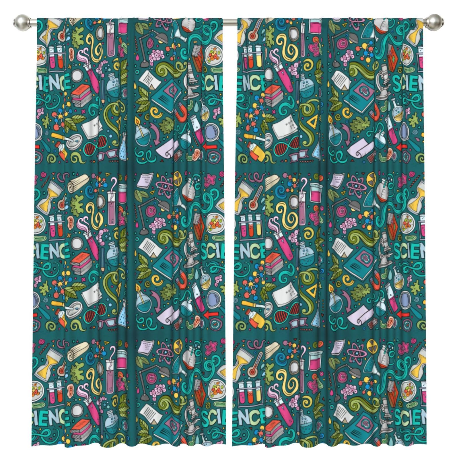 InOmak Cartoon Science Theme, 2 Panels Window Curtains 52 x 84 Inch Blackout Curtains for Living Room Bedroom