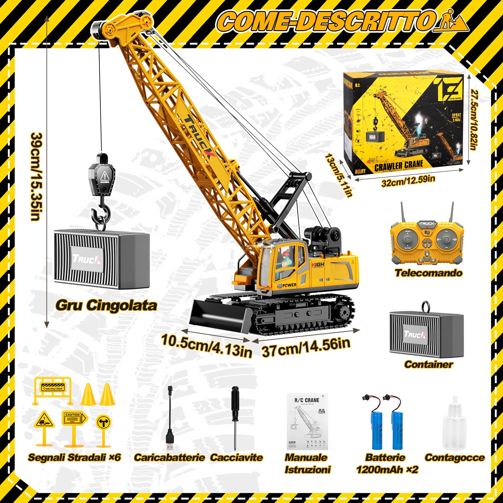 1:16 Gru Giocattolo per Bambini, 12 Canali Gru Telecomandata con Luci Effetti Sonori Spray, Grande Veicoli da Cantiere Grus RC Modello Regali per Bambini 6+ anni (Giallo)