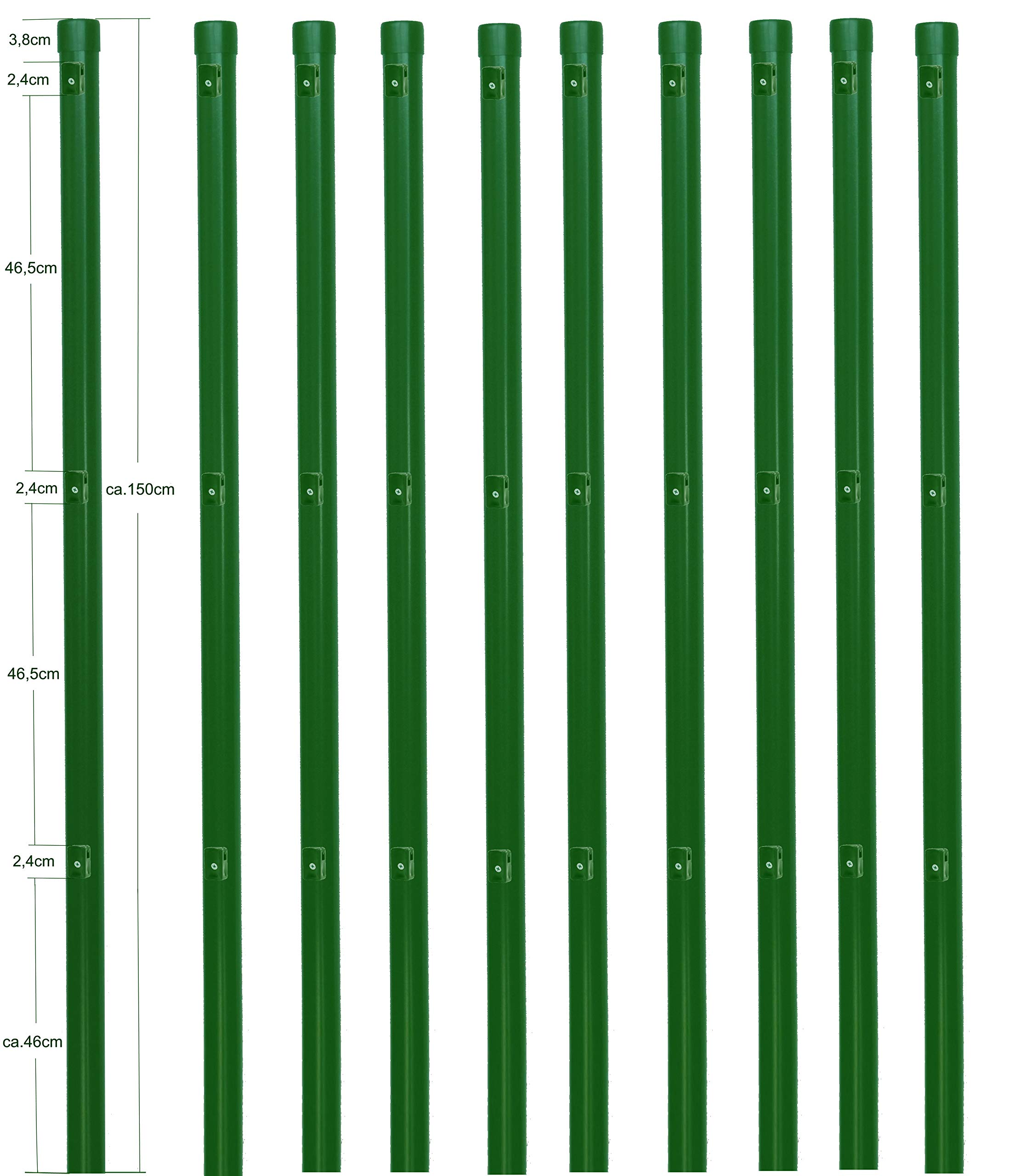 EXCOLO 10er-Set Metall-Zaunpfosten Ø34 mm, 1,5 m, pulverbeschichtet moosgrün RAL 6005, inkl. 3 Spanndrahthalter & Pfostenkappe, zum Einbetonieren – für Maschendrahtzäune bis 1 m Höhe