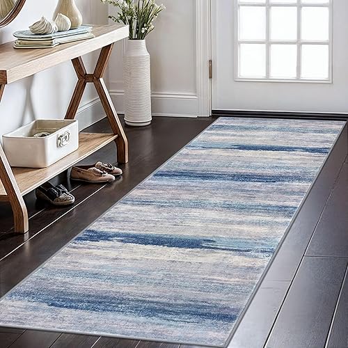 Miniatura 104 de KOZYFLY Alfombra moderna abstracta lavable de 2.6 x 10 pies, antideslizante, suave, alfombra de camino de cocina, alfombra a rayas azules óxido para