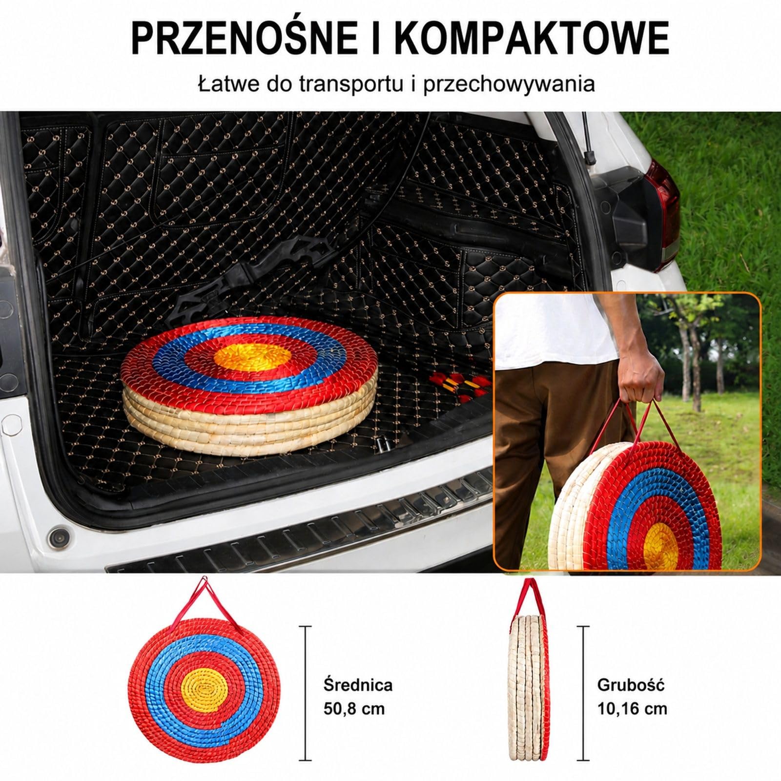 Ręcznie wykonana okrągła tarcza łucznicza ze słomy z czerwonymi niebieskimi żółtymi pierścieniami do treningu