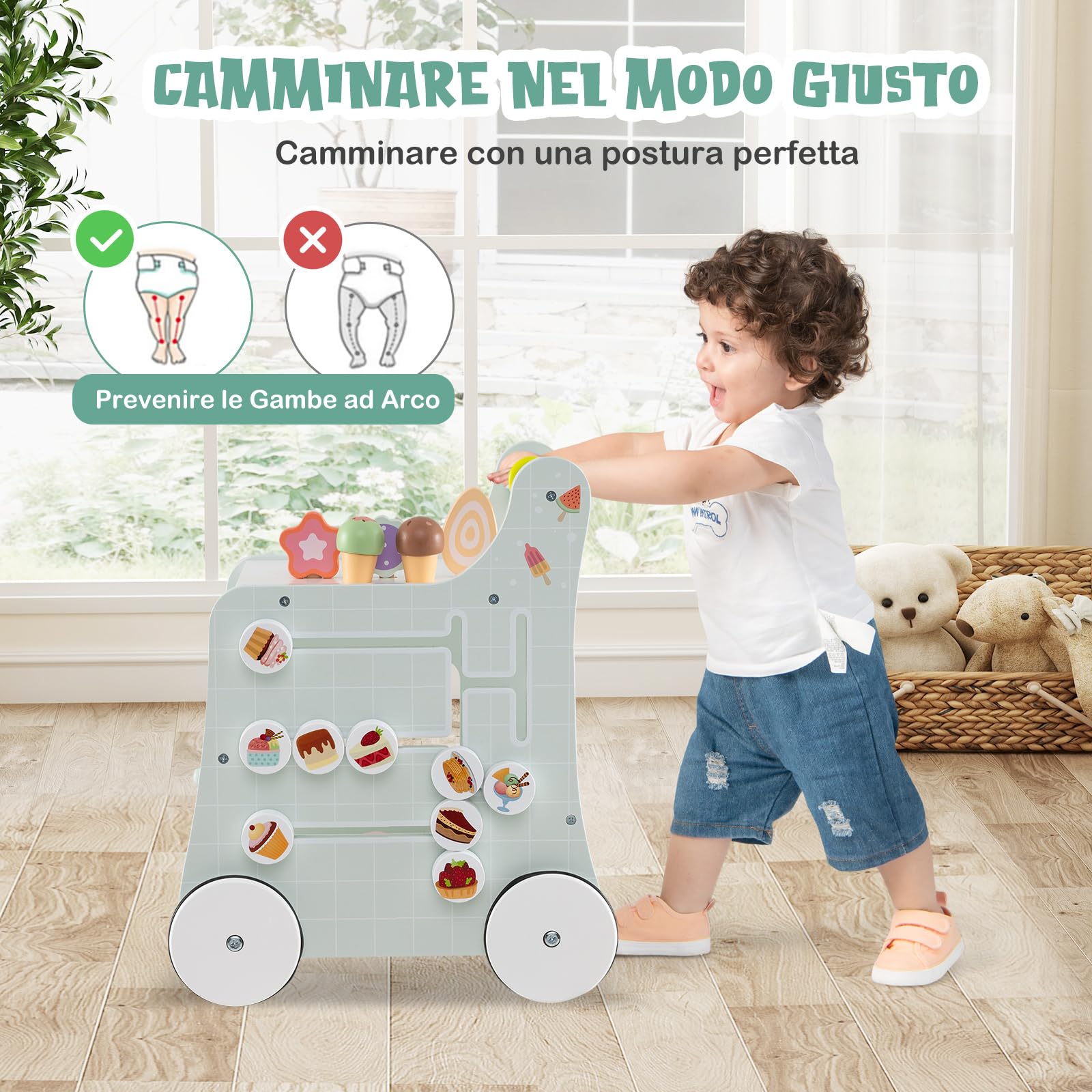 GYMAX Girello per Bambini in Legno 2-in-1, Carrello Primi Passidei Gelati con Accessori Interattivi e Ruote Antiscivolo, Cucina Giocattolo Montessori con Ruote, per Bambino 1 Anno + (Verde-1)