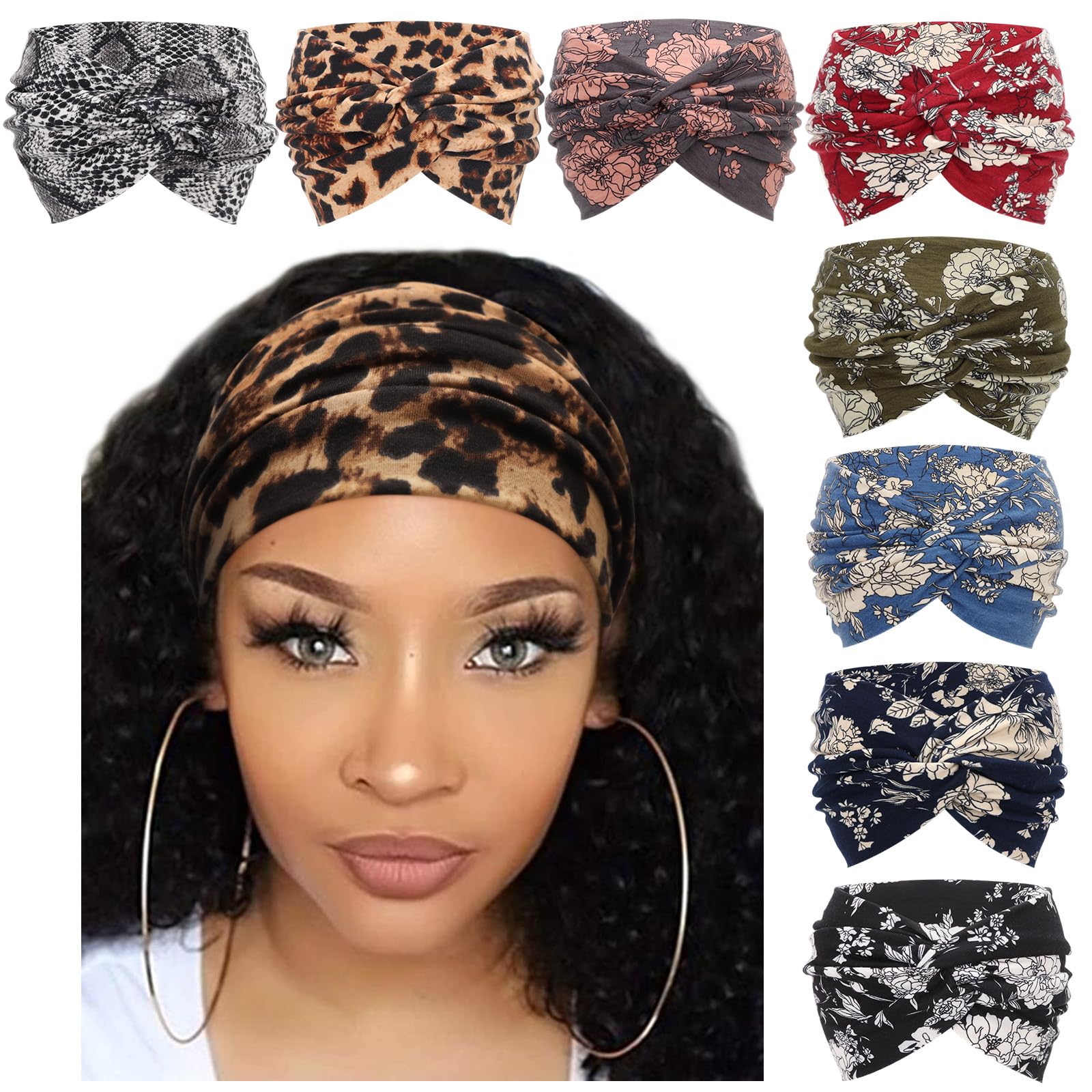 DRESHOW 8 Pack Turban Headbands for Women Wide Vintage Head Wraps Knotted Cute Hair Bands Accessories, 8 Pack Wide Setb-05