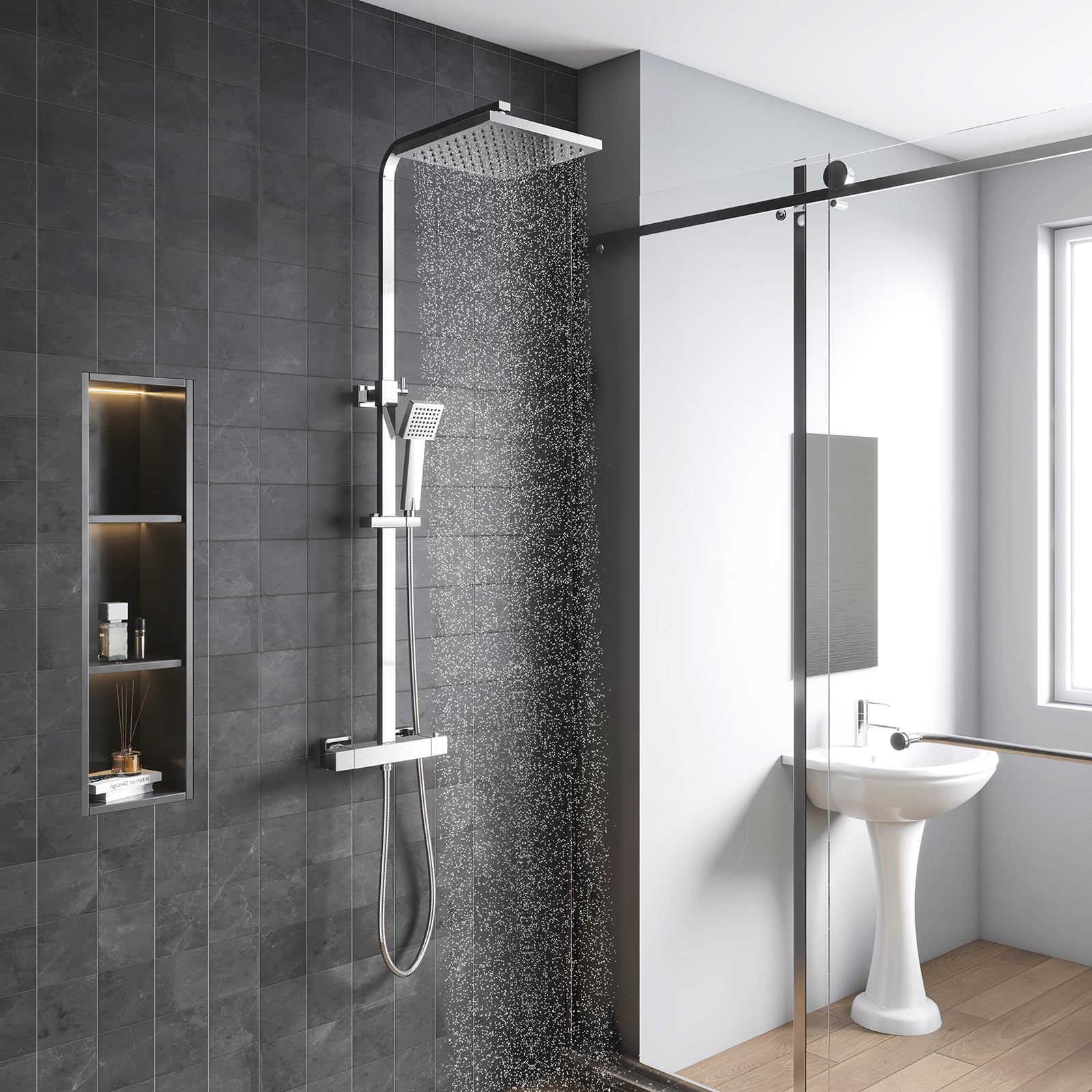 YOOZENA Columna de Ducha Termostática Ajustable Con Grifo, 38 °C, Alcachofa de Ducha de Baño con Manguera, Cromado Cuadrada