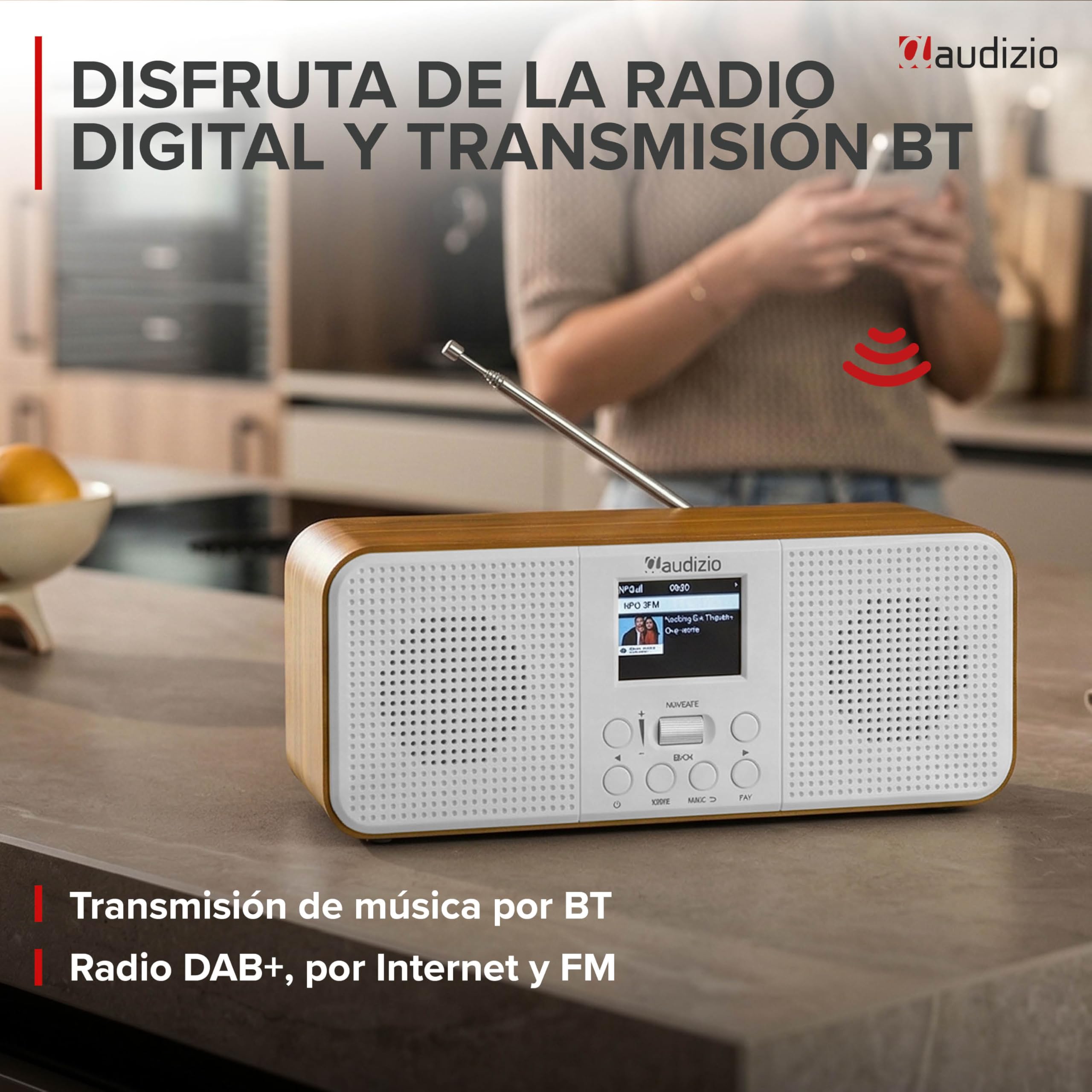 Audizio Bucine - Radio Dab+/FM Bluetooth y WiFi 40W Acabado Plateado | Radio de calidad, Bluetooth, WiFi y radio DAB+/FM, sonido estéreo de 40W, pantalla a color, para cocina, salón y viajes