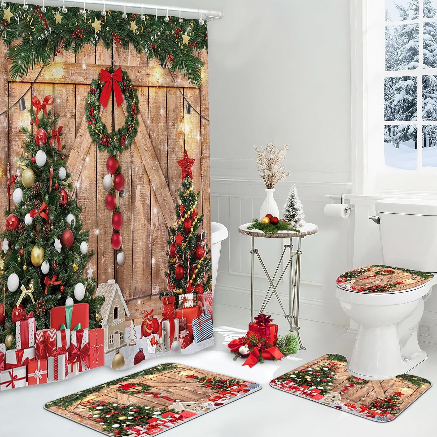 MEHOFOND 4pcs Christmas Shower Curtain Sets with Non-Slip Rugs Toilet Lid Cover and Bath Mat Winter Pine Farmhouse Rustic Wood Merry Xmas Shower Curtain Sets Pine Tree Xmas Ball Holiday Bathroom Decor