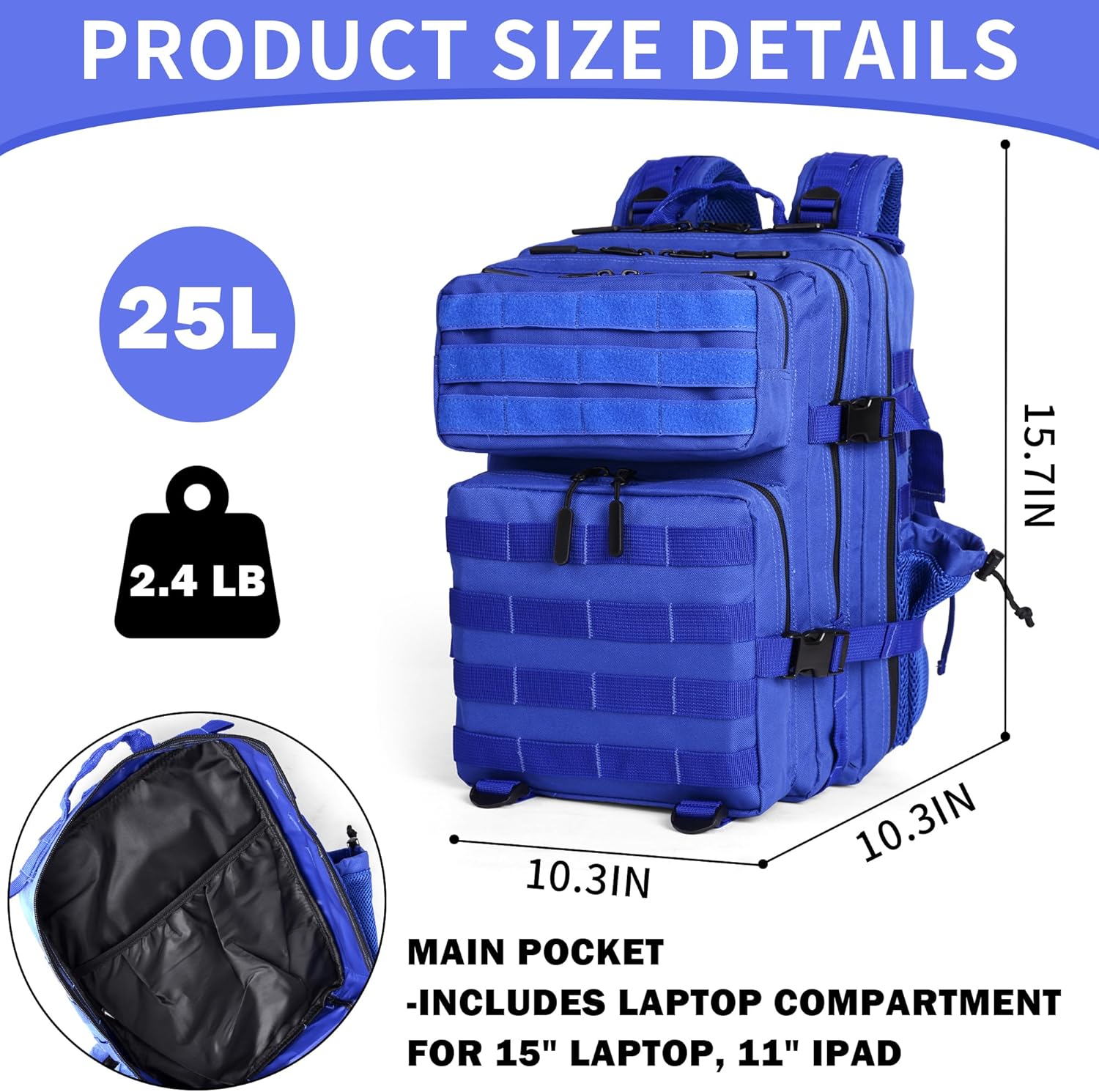 45L/25L/9L Tactical Backpack for Men and Women Military Heavy Duty Molle Backpack Army Assault Pack Travel Camping Gym Work Rucksack Daypack (Klein Blue, Small 25L) - Image 2
