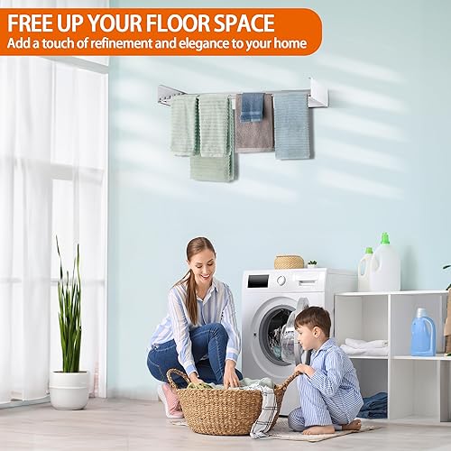 Miniatura 2 de FOCHIER F Estante de secado de ropa para colgar en la pared, plegable, con 5 varillas de aluminio y plantilla de perforación, punta de