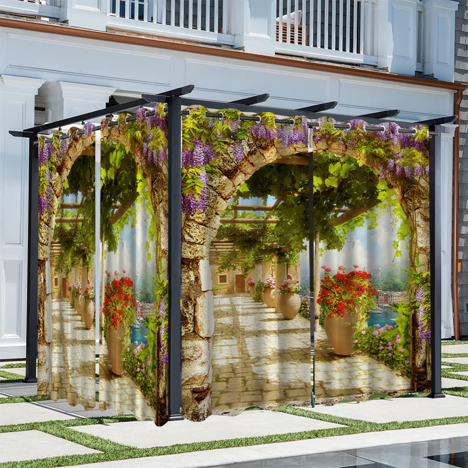 Syhi Qlty 3D Outdoor Gazebo Curtains Waterproof 52 x 120 Inches Long 2 Panels, Eyelet Blackout Outdoor Curtains Privacy Screen Sun Shade Drapes for Garden Patio Pergola, Flower Corridor
