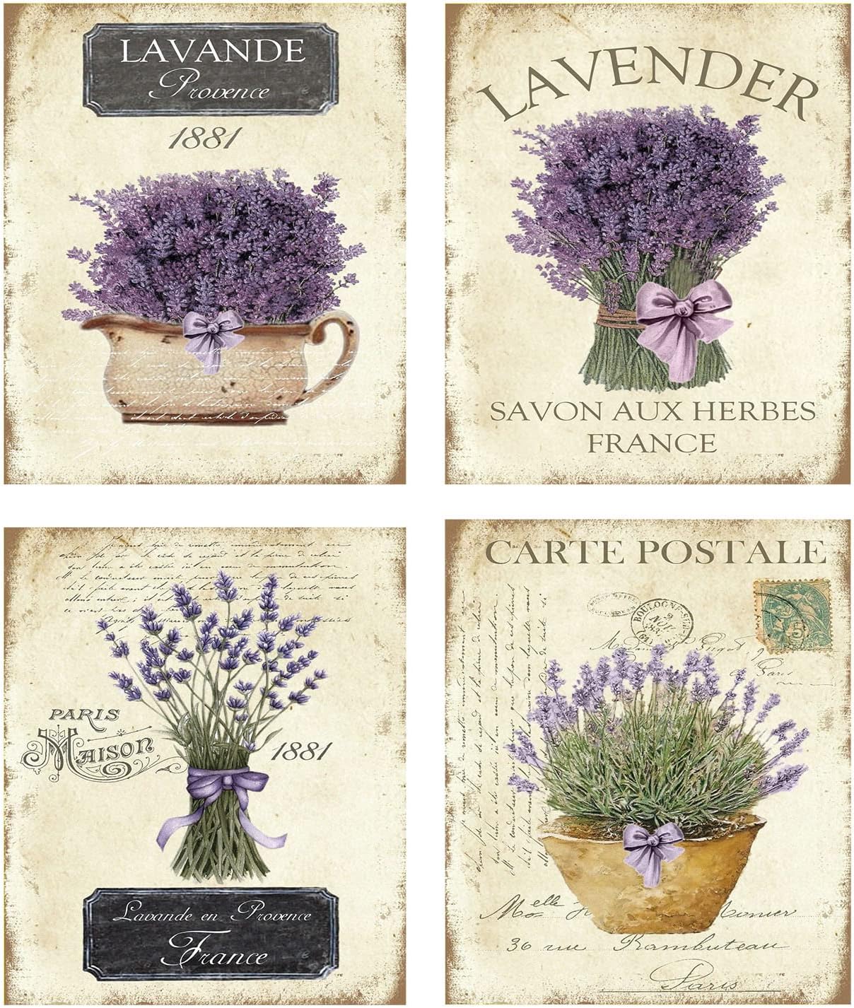 Twisted R Design Wall Art Canvas Prints - 4 Vintage Farmhouse Decor Prints - 8x10 Wrapped Canvas Floral-Themed Pictures - Made in USA Wall Art for Living Room, Bedroom, Office, More - French Lavender