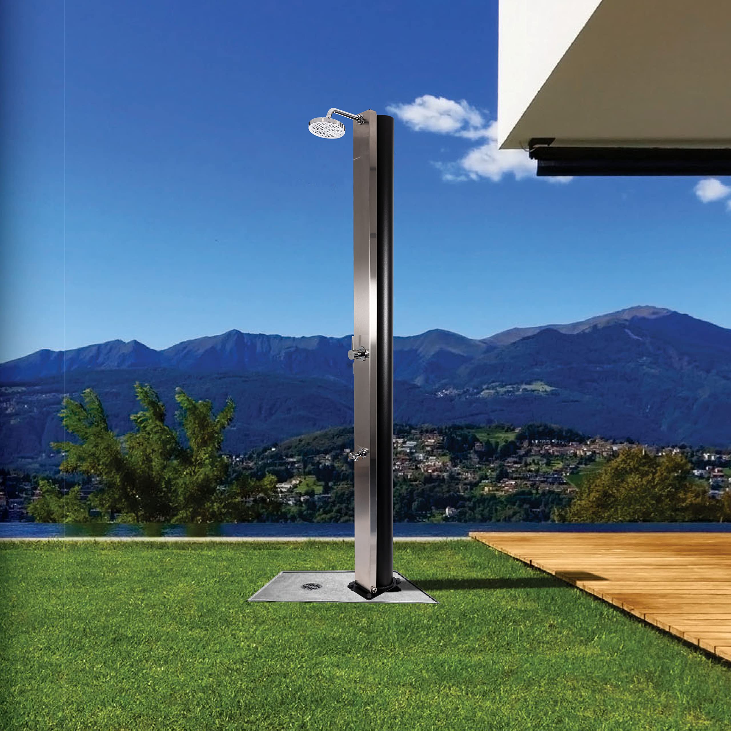 Solardusche 30 L, extra große Füllmenge, Gartendusche Aluminium, Solardusche Garten mit Fußdusche, Gartendusche Solar für Warm- und Kaltwasser, Gartendusche Aussendusche Edelstahl