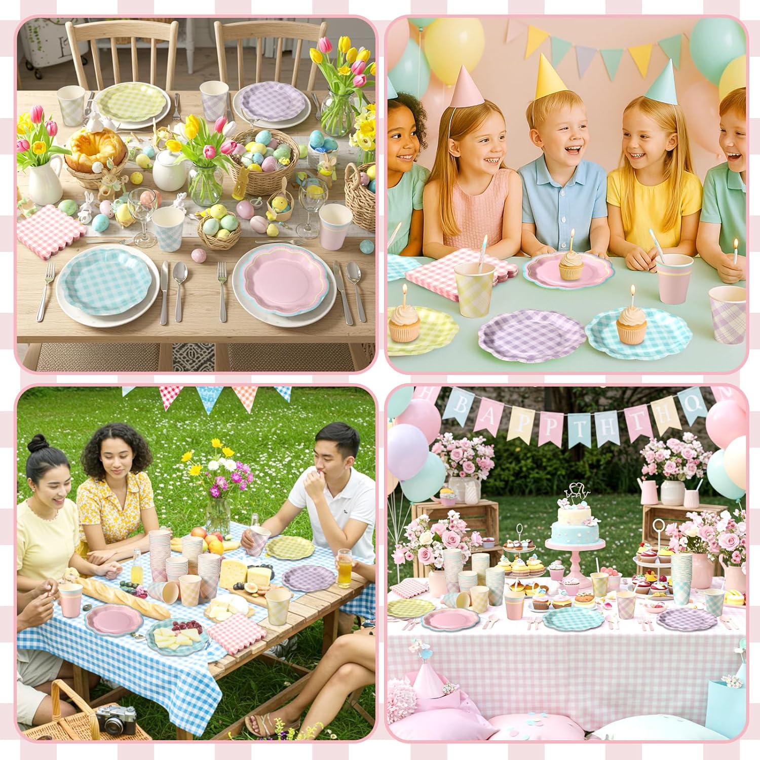 Yungyan 216 Pcs 72 Guests Pastel Gingham Party Supplies 6 Inch Plaid Paper Plates and 9 oz Cups and Napkins Tableware Set for Birthday Bridal Shower BBQ Picnic Party Supplies Decoration