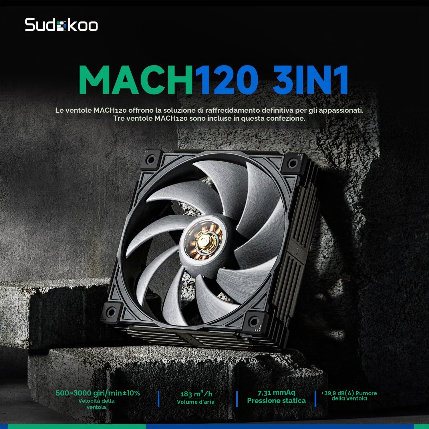 Sudokoo MACH120 3IN1 Ventole 120mm PC : Ventola di Raffreddamento Silenziosa PWM & 500-3000 RPM - Case Fan Dissipatore con LCP e Motore FOC & Correzione Dinamica del Bilanciamento, 6 Anni di Garanzia