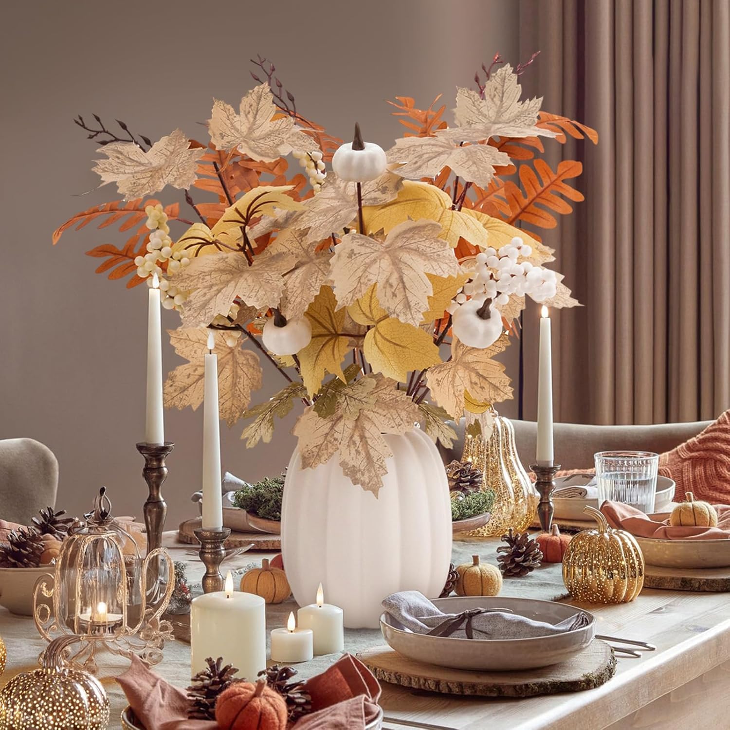 Fall Decor - Ceramic Pumpkin Vase with 15 PCS Autumn Maple Leaf Pumpkin Berry Stems - Table Centerpieces Thanksgiving Farmhouse Neutral Harvest Decorations for Home Indoor Dining Room Kitchen