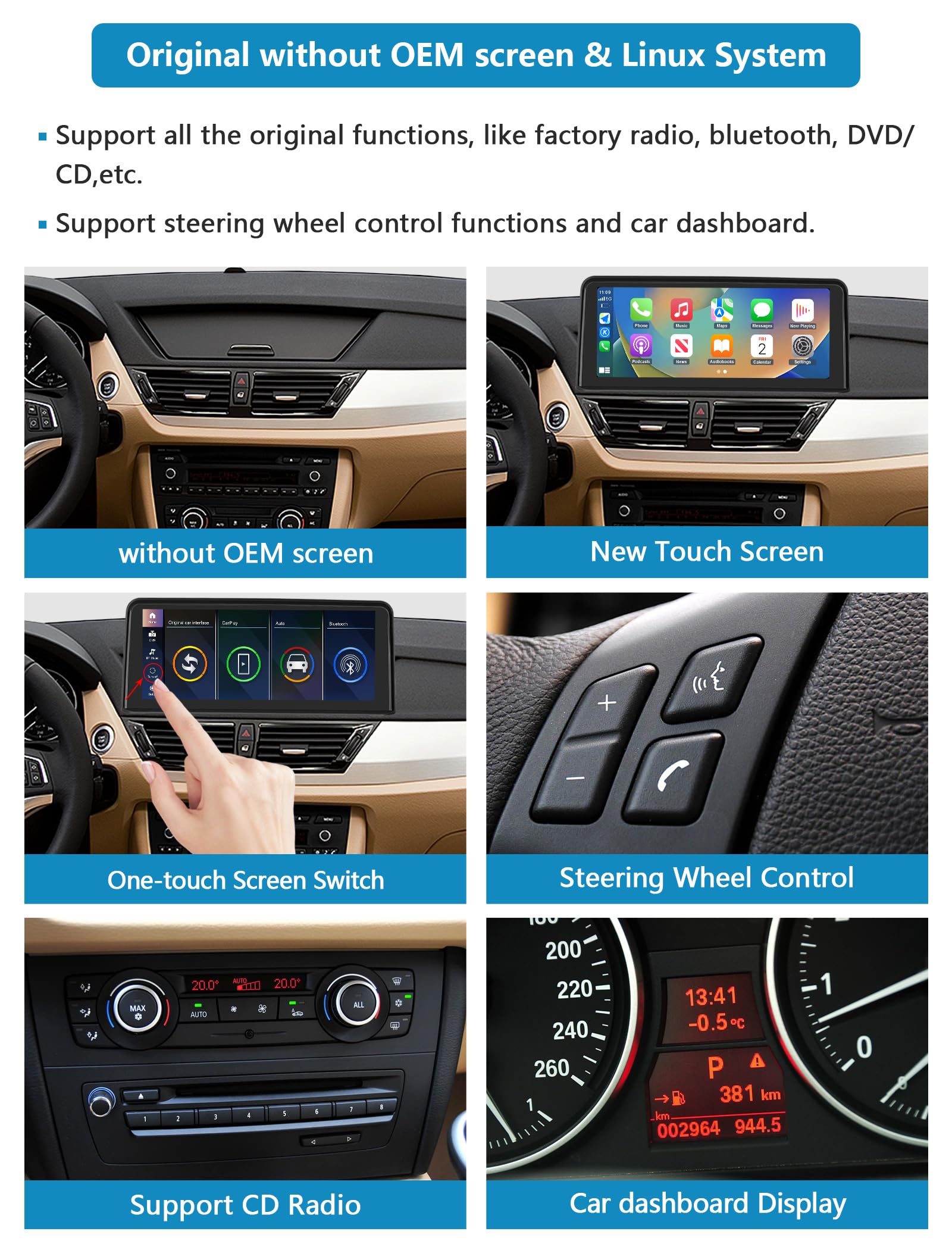 10,25 Pollici Touch Screen Autoradio con Wireless Carplay e Android Auto per Bmw X1 Series E84 2009-2015 Senza Schermo Oem, Supporto Mirrorlink, Musica, Navigazione