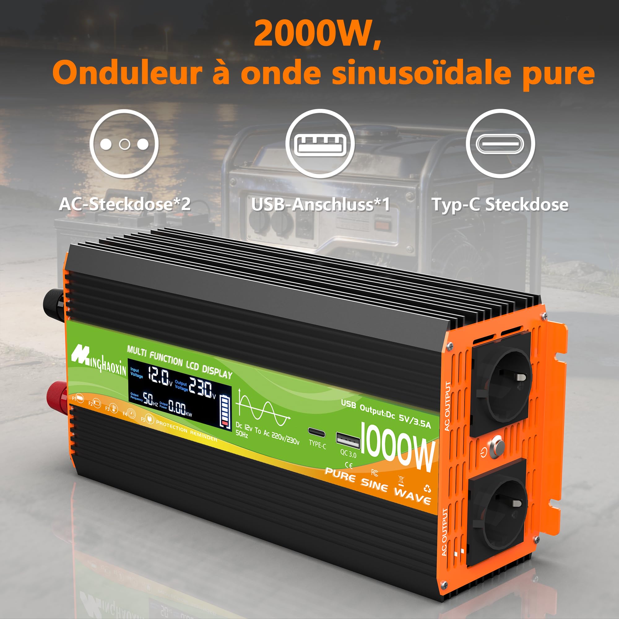 Convertisseur 1000W 12v 220v Pur Sinus Onduleur,Transformateur -2 Prise EU De Courant Alternatif,Ports USB+Type-C,Télécommande sans Fil Et écran LCD,pour énergie Cars, Coupures De Courant, Voyages