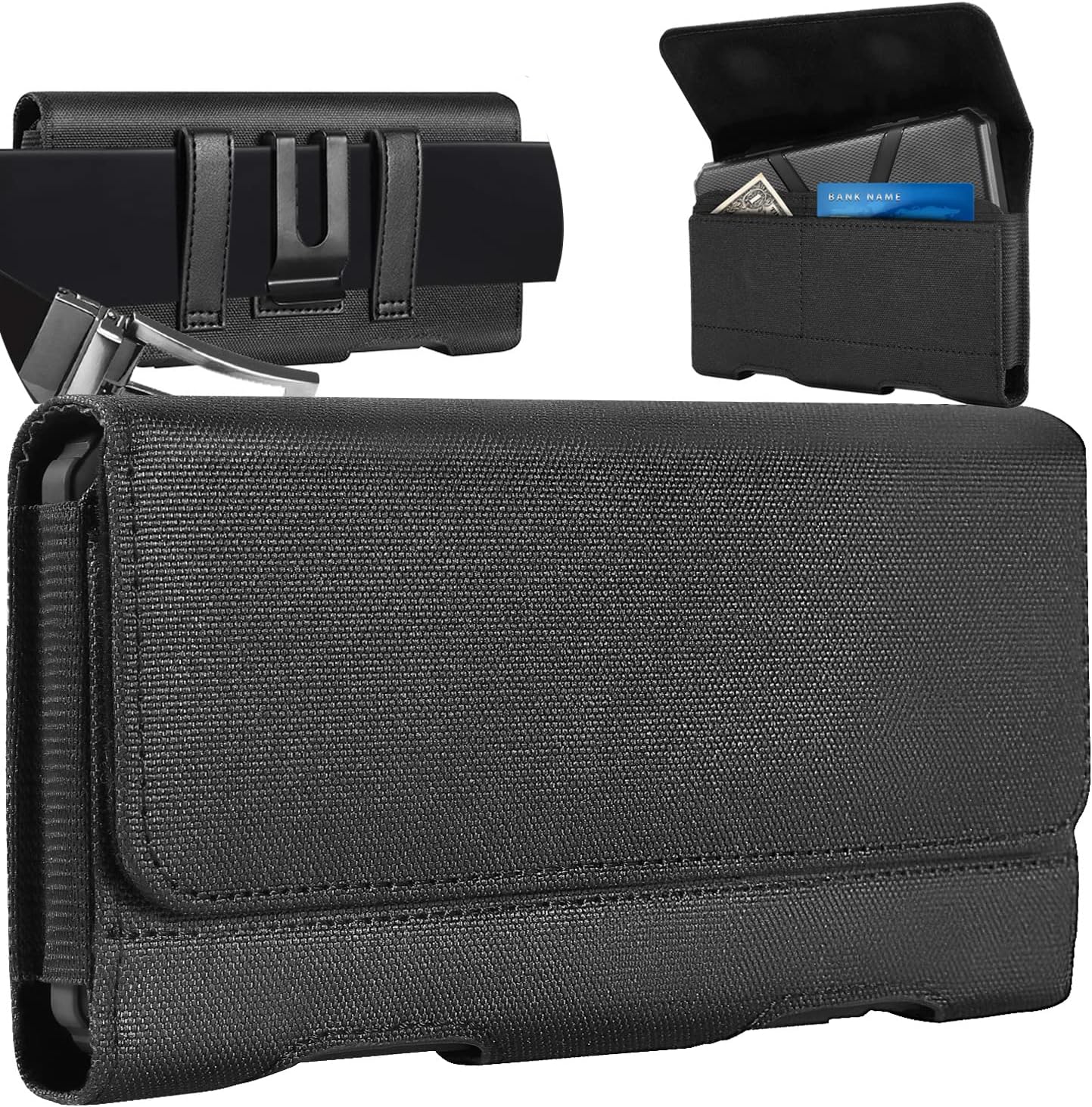 Mopaclle Cell Phone Holster for iPhone 15 Pro Max 14 Pro Max 13 Pro Max, 12 Pro Max 11 Pro Max, Xs Max Case with Belt Clip Phone Belt Holder Carrying Pouch Cover (Fits Phone with Otterbox Case on) Nylon- Black XL (6.85x 3.6x 0.75 in)