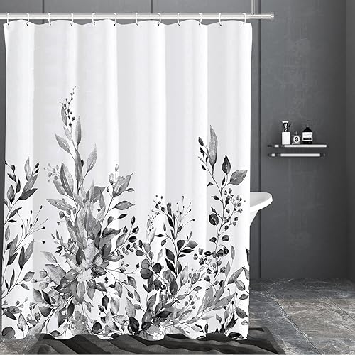 Miniatura 3 de Tititex Cortina de Ducha de Eucalipto Negro, Planta de Hojas Grises Acuarela con Decoración de Baño Floral, Juego de Cortinas de Ducha de 71x71
