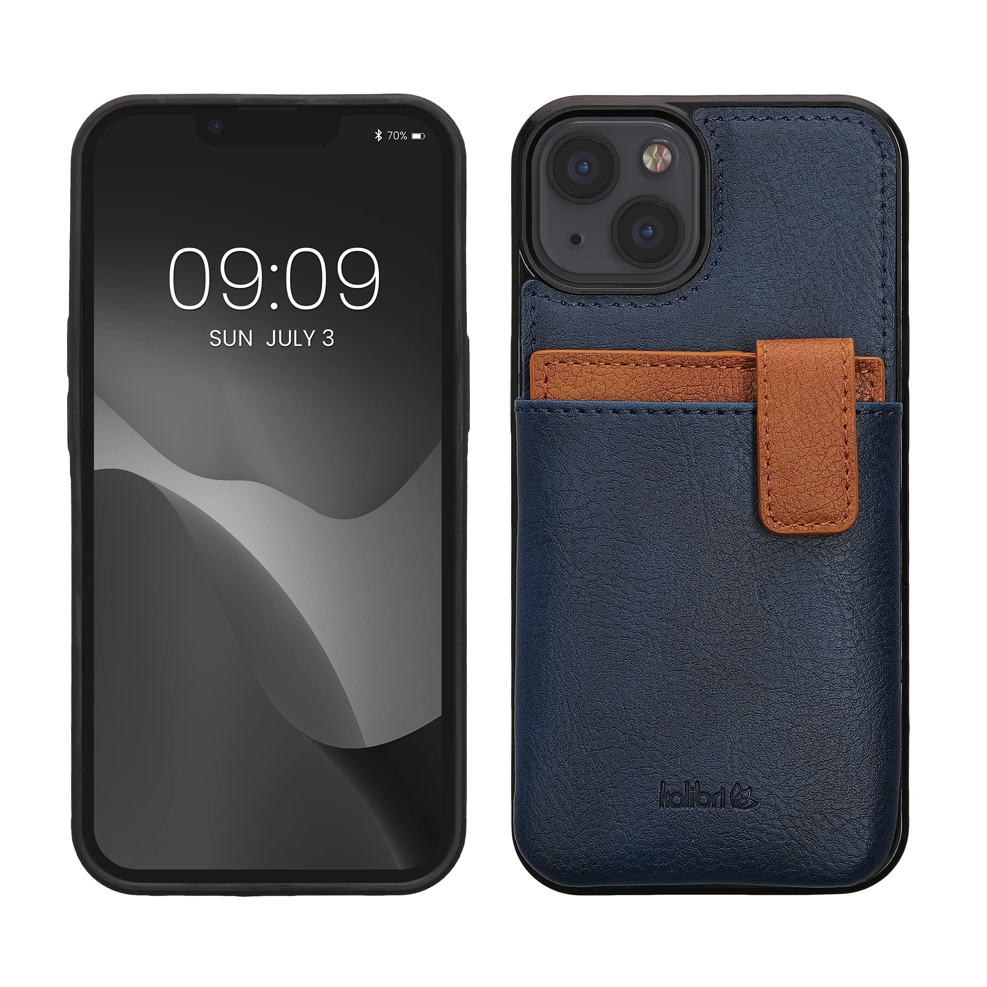 kalibriHard Case Compatible with Apple iPhone 13 / iPhone 14 - Case with Card Slots PU Leather Design with TPU Bumper- Dark Blue/Brown