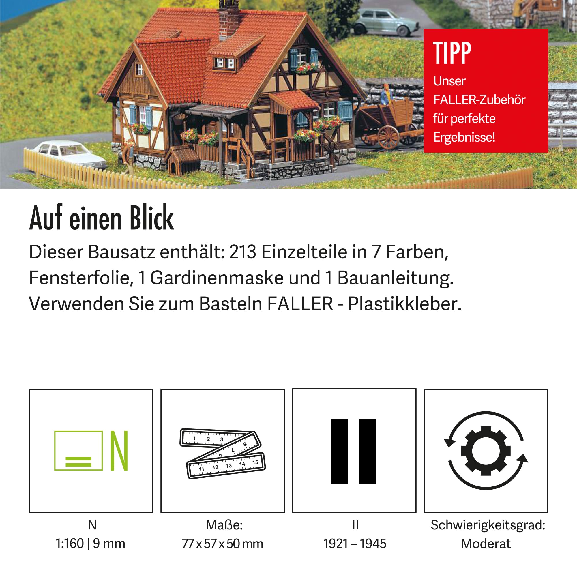 FALLER Ländliches Fachwerkhaus Modellbausatz mit 213 Einzelteilen 77x57x50mm I Modelleisenbahn Zubehör N I Modelleisenbahn Fachwerkhaus mit Dachgauben, Holz