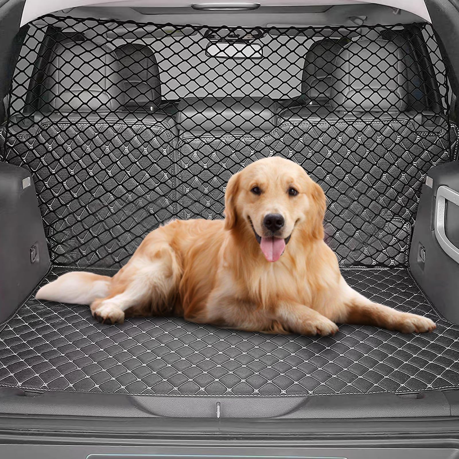 Rejilla de protección para el coche, red de separación: rejilla para perros de coche de polipropileno con 4 ganchos, elástica, para el maletero, doble capa, 120 x 70 cm