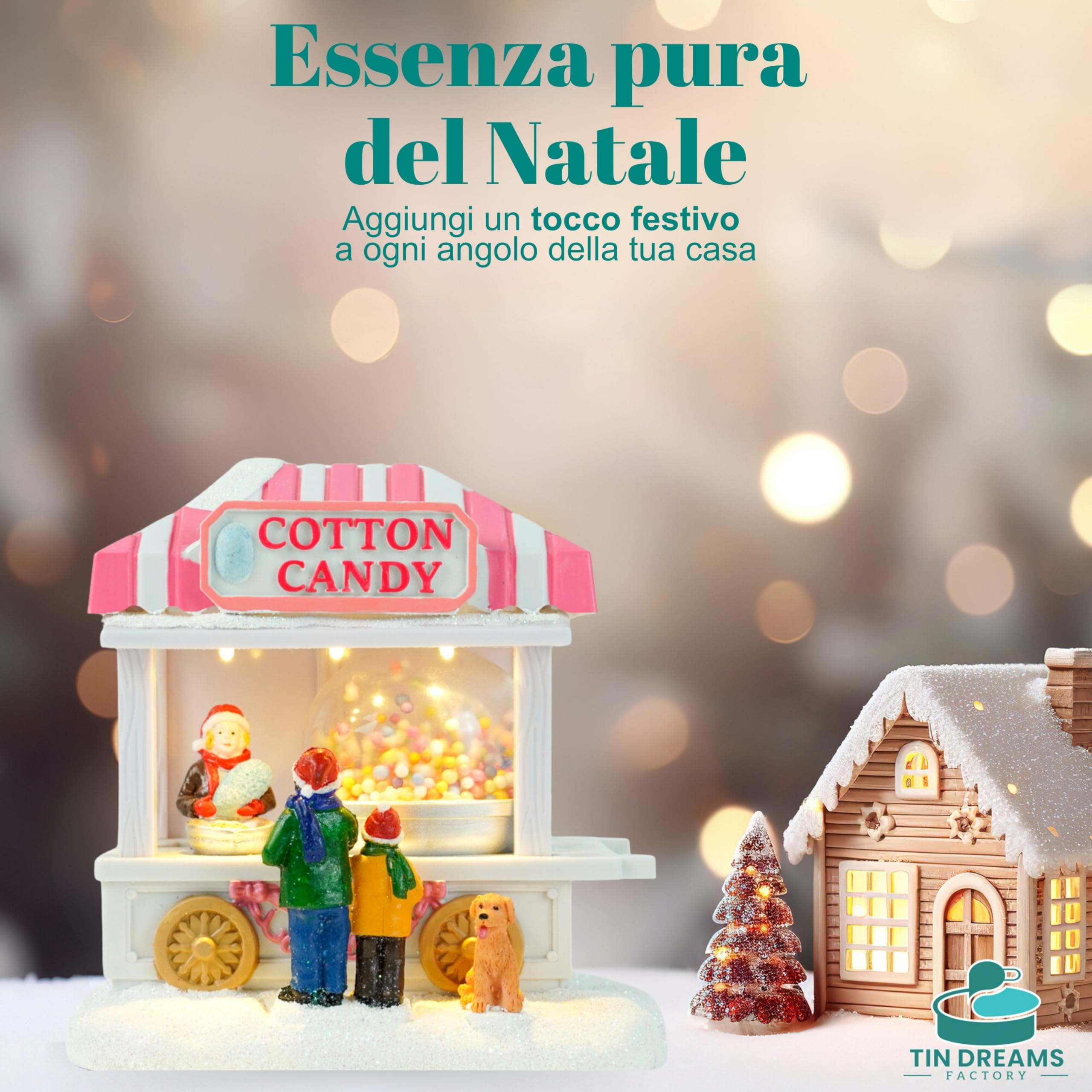TIN DREAMS | Bancarella Zucchero Filato con Movimento e Luci LED | Scena Natale Animata | Casetta Illuminata per Villaggio in Miniatura, Cittè | Addobbi Decorazione Natalizia Casa