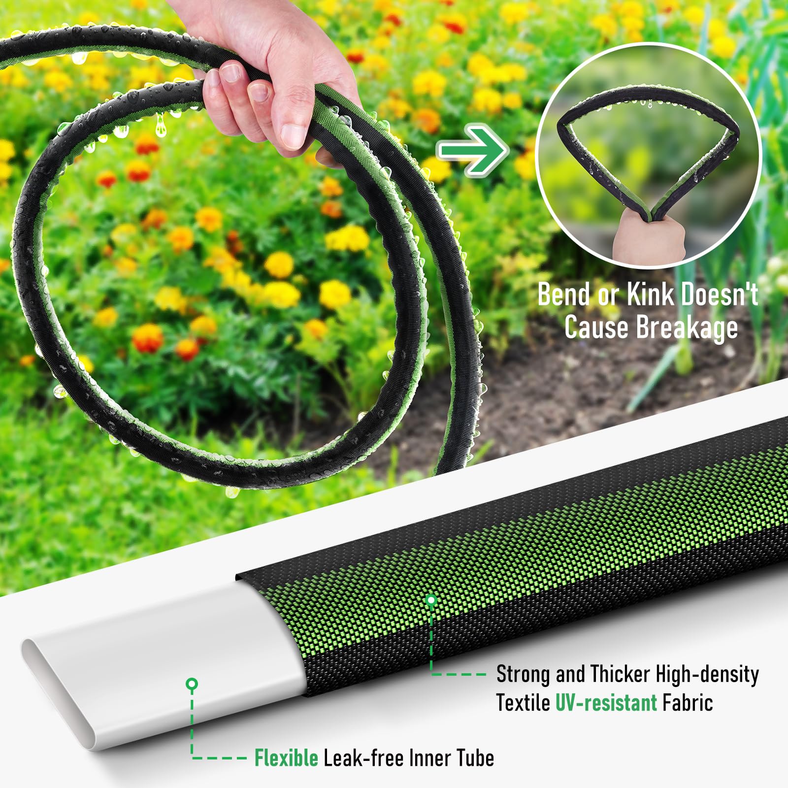 Tubo piatto per irrigazione a goccia, 30 m, per giardino e prati, 80% di risparmio idrico, con estremità in alluminio aeronautico anodizzato, flessibili a doppio strato (15 m x 2 pezzi)