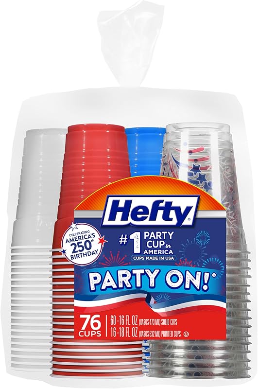 Vasos de fiesta desechables Hefty Party On, paquete de colores patrióticos, 76 unidades | Surtido de temática americana, vasos rojos, blancos y azules de 16 oz y vasos transparentes festivos de 18 oz, ideales para celebraciones de verano y del 4 de julio