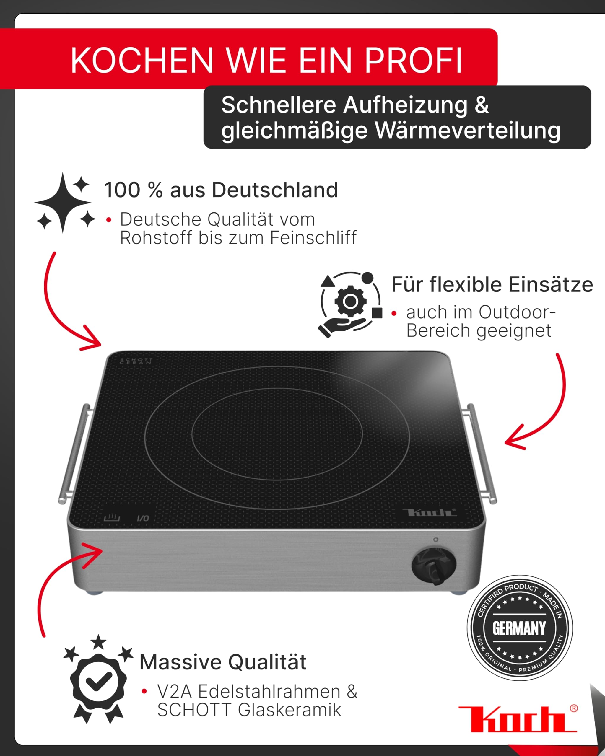 KOCH RGK30 - Ceran Kochplatte 2 Kreis 2100 Watt – 9 Leistungsstufen - Schott & E.G.O. Technologie für Outdoorküche Bistro Appartement Wohnwagen Ferienwohnung - Design Edition by Koch - Made in Germany