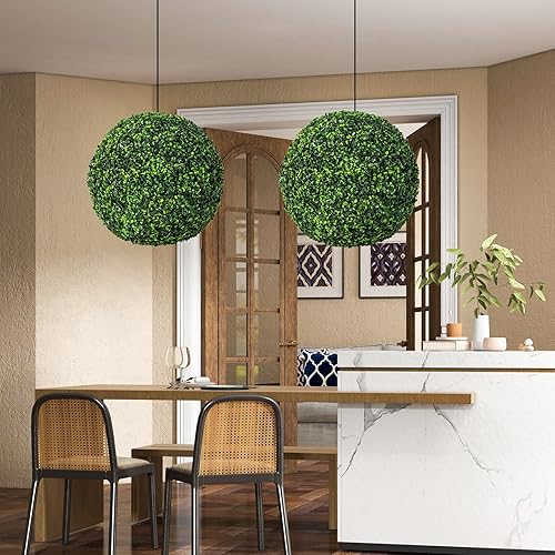 Vista 32 de Goplus 2 bolas topiarias artificiales de 19.5 pulgadas, bolas redondas de boj de imitación de acebo para exteriores con flores blancas, esferas