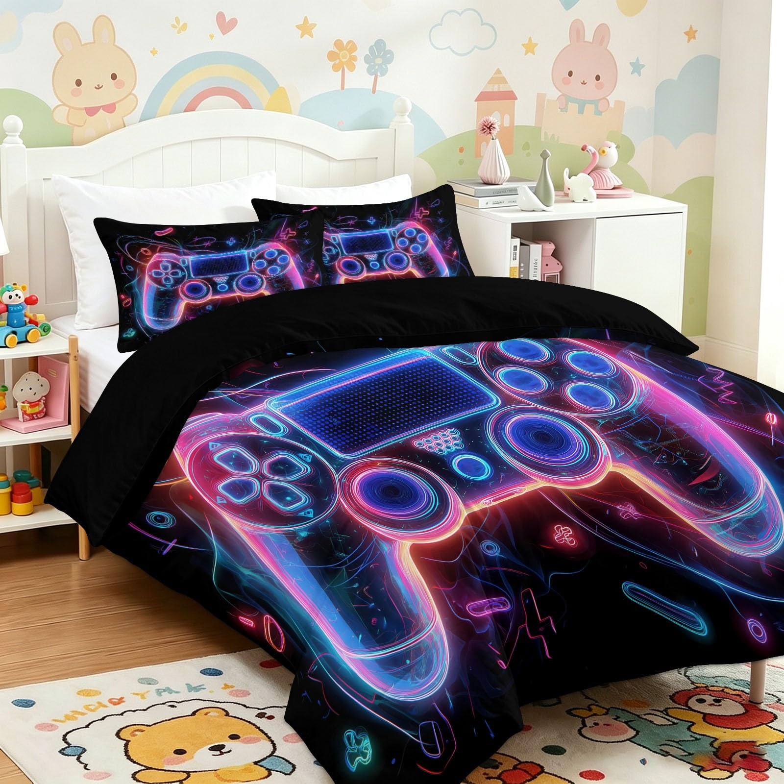 Juego de vídeo - Funda nórdica de 240 x 260 cm, juego de cama para 2 personas, de microfibra suave, mando juego de vídeo luminoso 3D, funda nórdica con 2 fundas de almohada para niño adolescente
