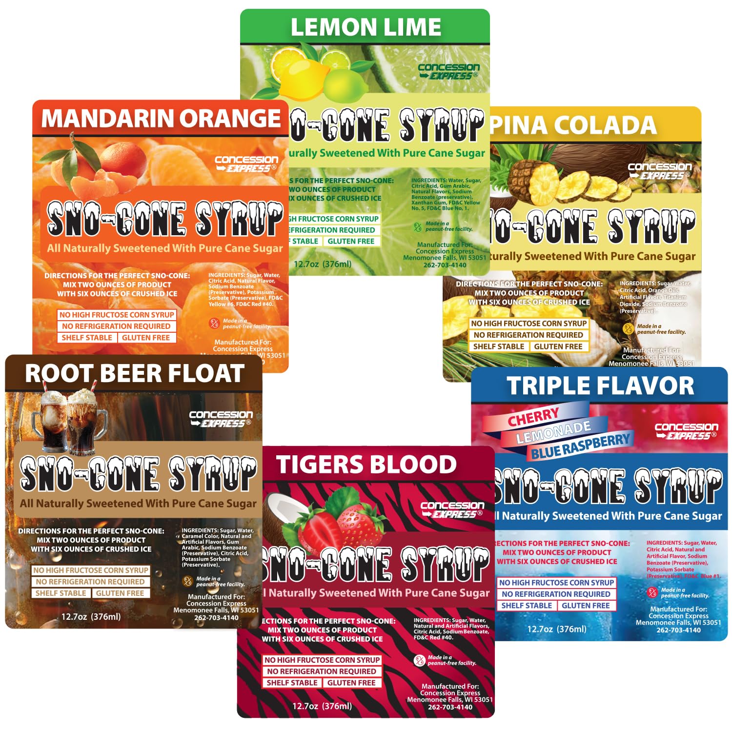 Concession Express Pure Cane Sugar Sno-Cone Syrup Variety Pack (12 Flavors, 12.7 oz Bottles) – No High Fructose Corn Syrup, Authentic Sweet Flavor, Perfect for Shaved Ice, Snow Cones & Frozen Treats