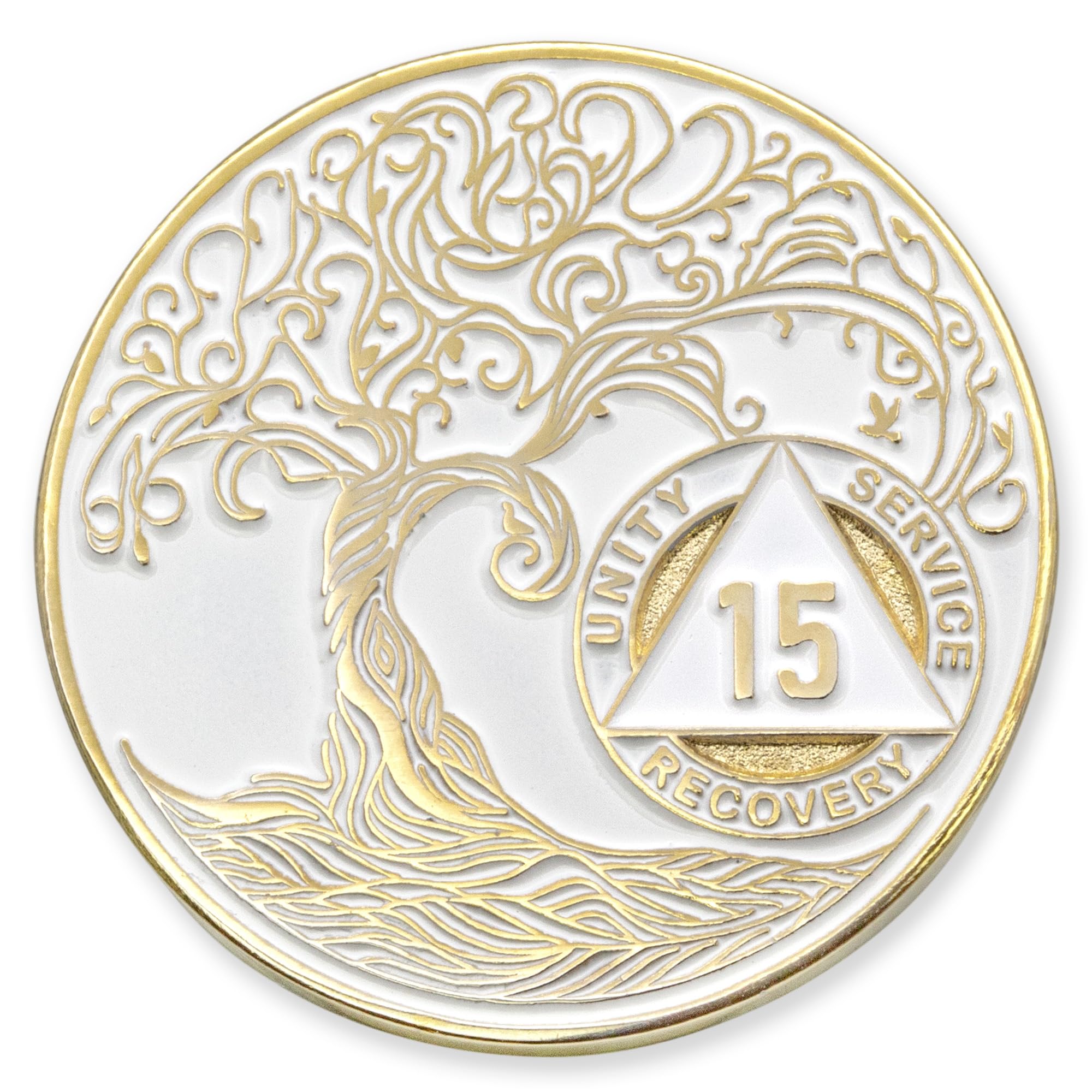 1 to 50 Year Twisted Tree of Life Sobriety Coin - Gold Plated AA Chips & Medallions - 15 Year Sobriety Coin - White