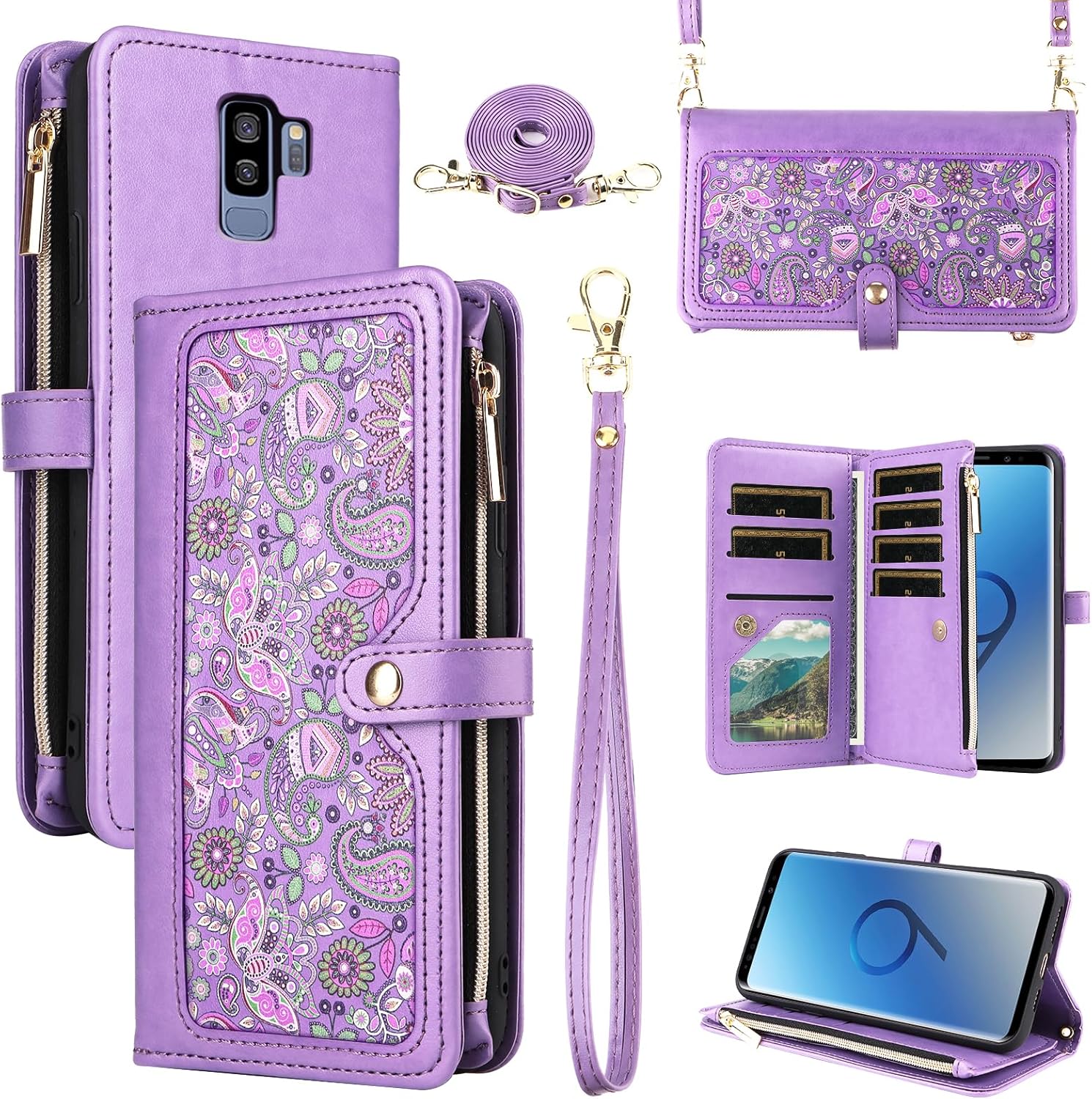 for Samsung Galaxy S9 Plus Floral Wallet Case With Wrist Strap Shoulder Strap Zipper Purse, Folio Flip Credit Card Holder Stand Cell Phone Cover for S9+ 9S 9+ S 9 9plus S9plus Women Men Purple