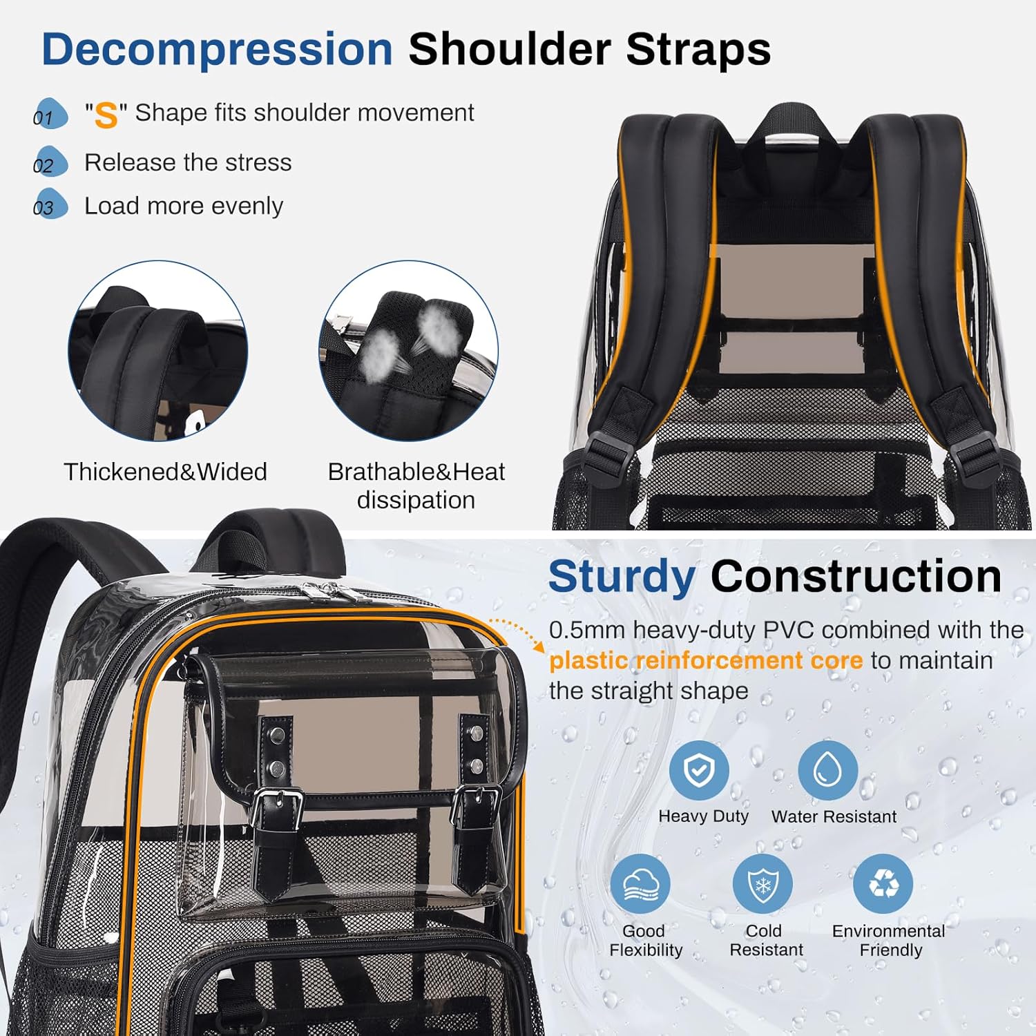 PIG PIG GIRL Clear Backpack Heavy Duty, PVC Clear Bookbag Transparent Backpack See Through Bag for Stadium College for Adult Men Women, Semi-Black