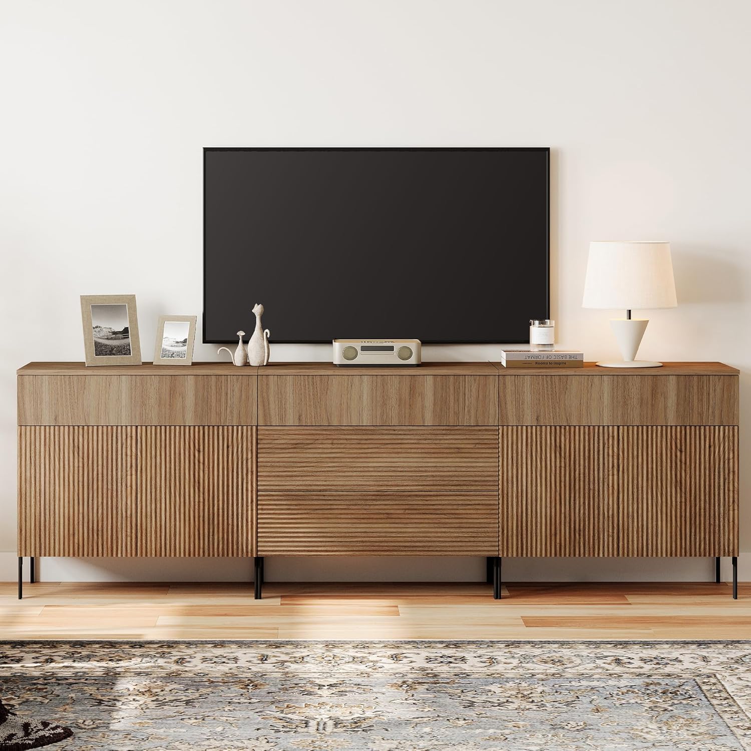 WAMPAT Fluted TV Stand for TVs up to 100", 3 in 1 Modern Entertainment Center with Storage Cabinets and 5 Drawers & 4 Doors,Wood Media TV Console Table with Storage for Living Room, Light Walnut