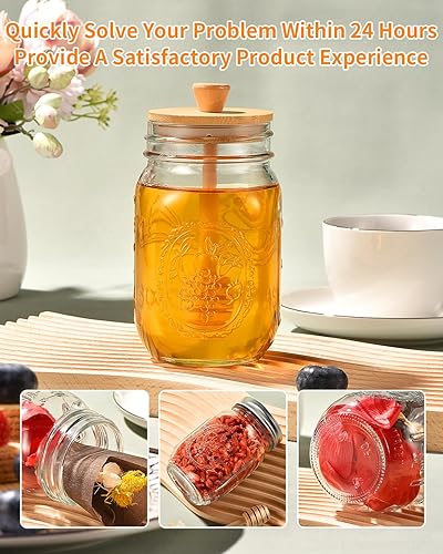 Miniatura 7 de TANGLONG Tarro de miel con tapón y tapa, juego de 3 tarros de almacenamiento de jarabe de 16 onzas con tapa, dispensador de jarabe para cocina del