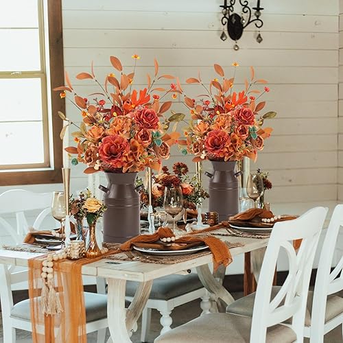 Miniatura 5 de Krissing Flores artificiales de otoño con maceta de metal, ramos de flores de seda de hortensias de otoño con tallos florales de otoño, arreglos