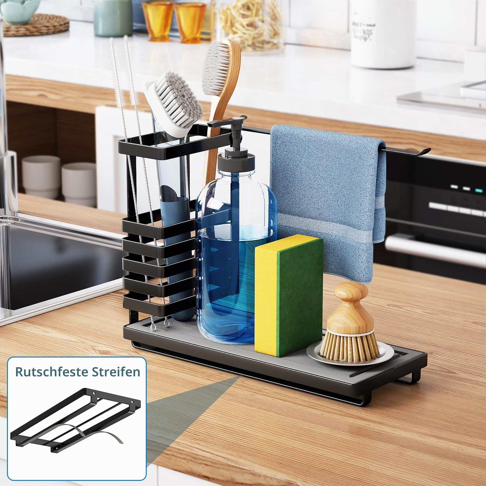NiHome Spülbecken Organizer, Multifunktionaler Spülorganizer Edelstahl, mit Schnell Trocknendem Diatomit-Boden, Aufbewahrung für Spülmittel, Schwämme und Kleine Küchenutensilien,Spüllappenhalter