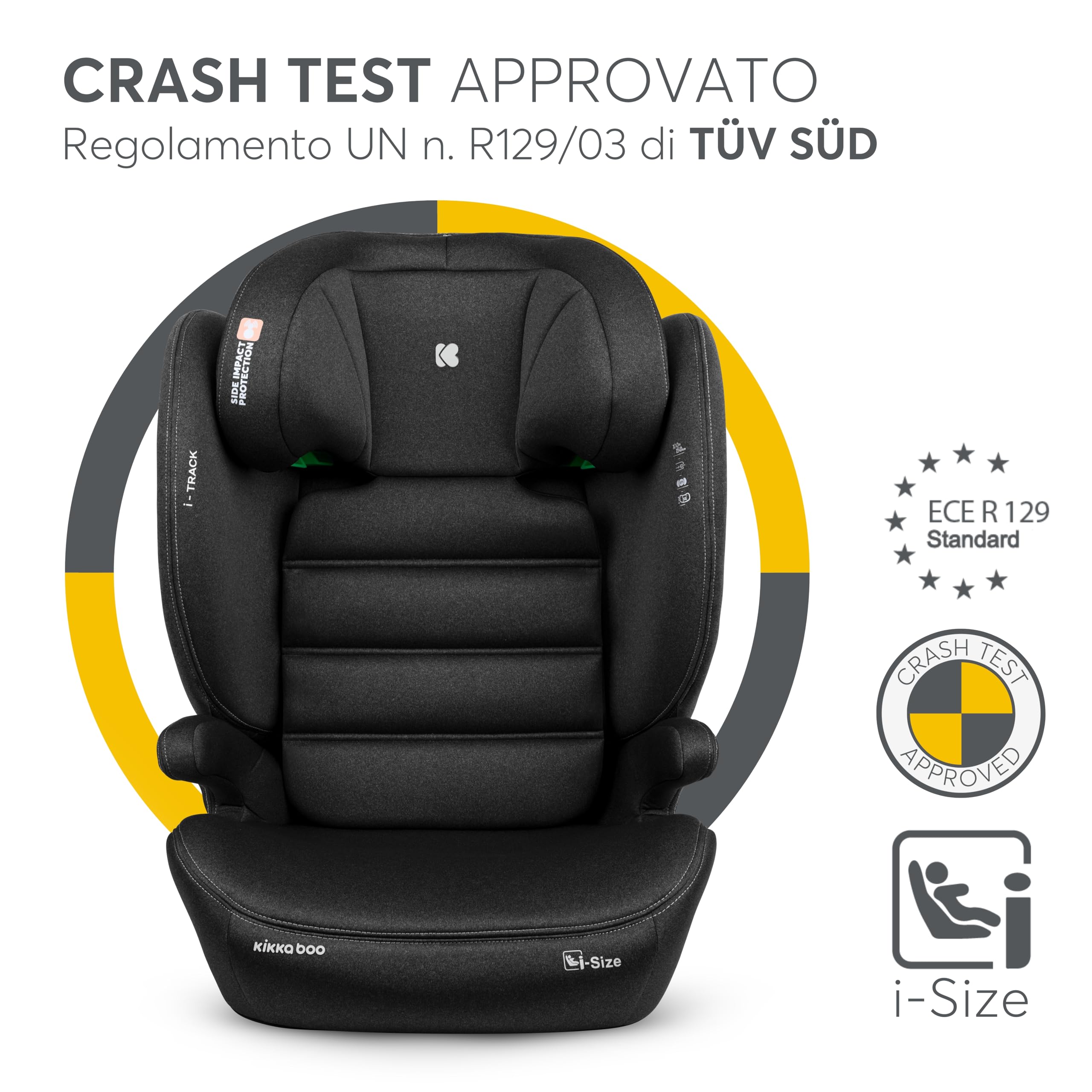 KikkaBoo Seggiolino Auto 15-36 kg ISOFIX i-TRACK, Gruppo 2-3 da 3.5 a 12 Anni, i-Size, Protezione Laterale SPS, Poggiatesta Regolabile 12 Posizioni, Nero