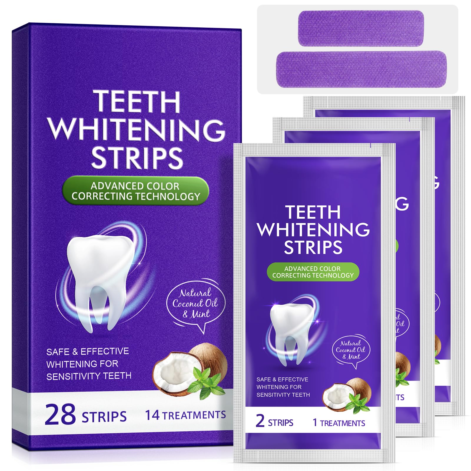 Strisce sbiancanti viola, confezione da 28 pezzi per sbiancamento dei denti per 14 trattamenti, risultati rapidi 30 minuti, formula resistente, sicuro e antiscivolo per tutti