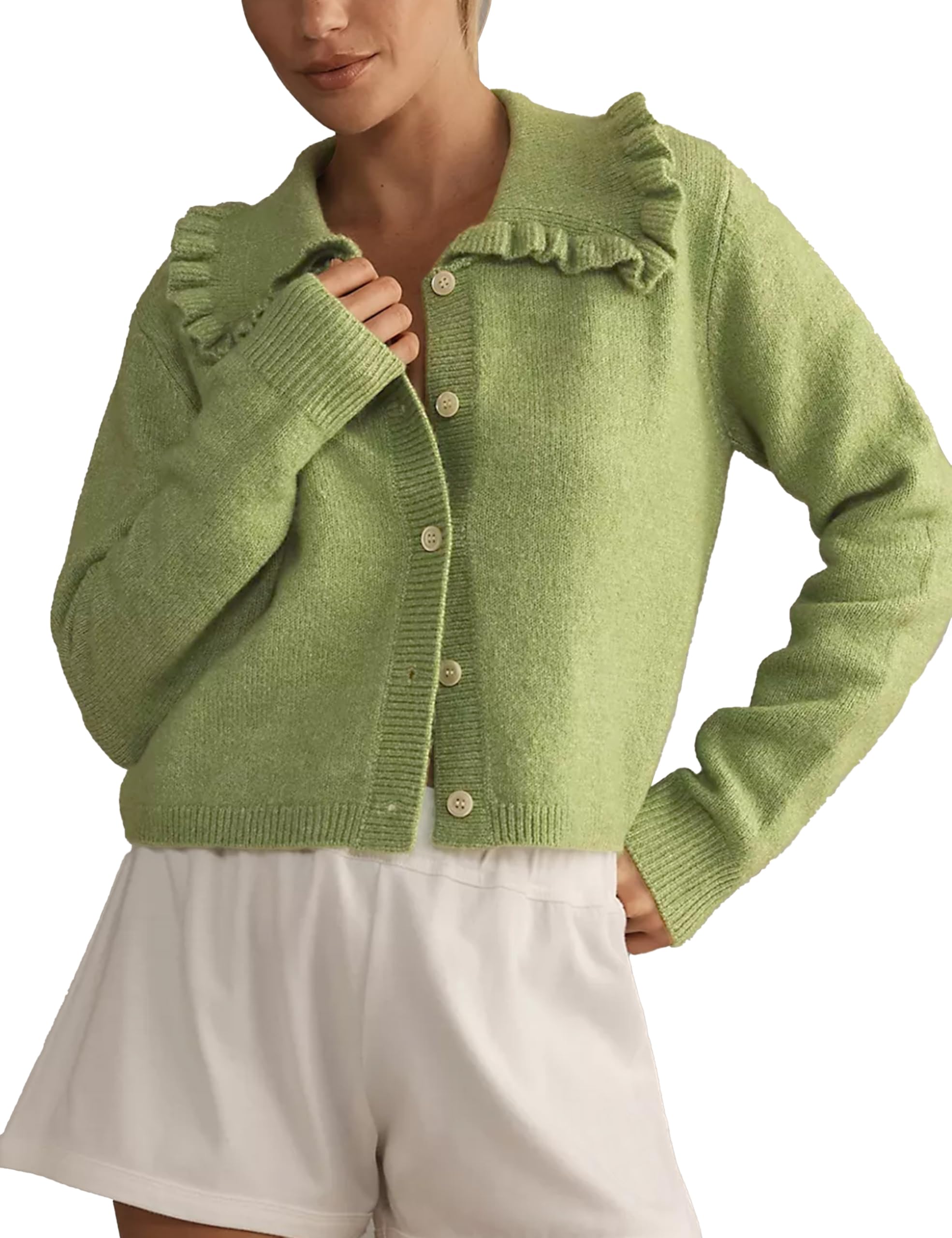 Womens Ruffle Cropped Sweater Open Front Outerwear Elegant Long Sleeve Knitted Cardigan Solid Button Jacket Fall Tops