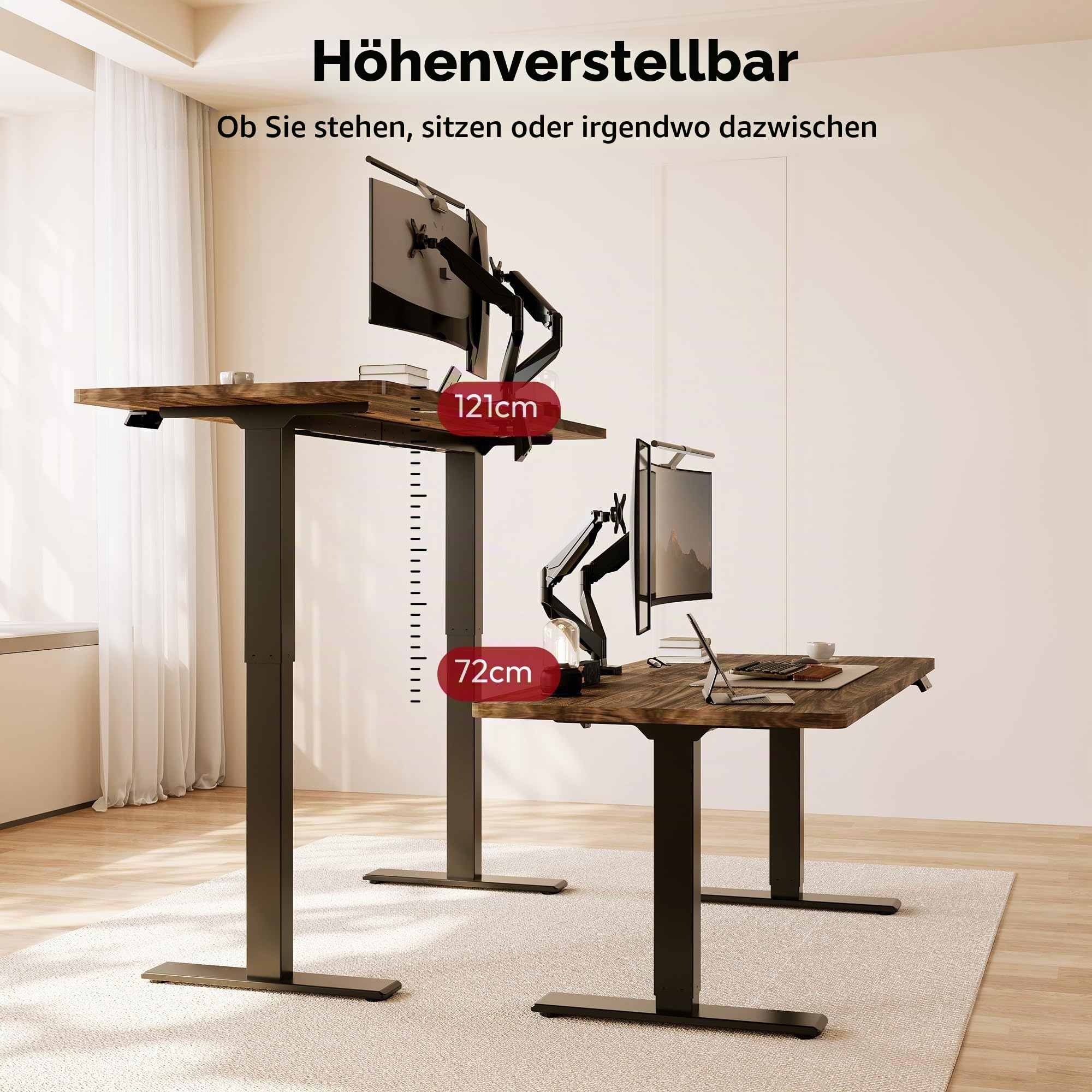 SANODESK Höhenverstellbarer Schreibtisch mit Dual-Motor 180 x 80 cm | Große Arbeitsfläche, 72–121 cm höhenverstellbar, 90 kg belastbar, 4 Speicherpositionen, leiser Antrieb (Braun+Schwarz)