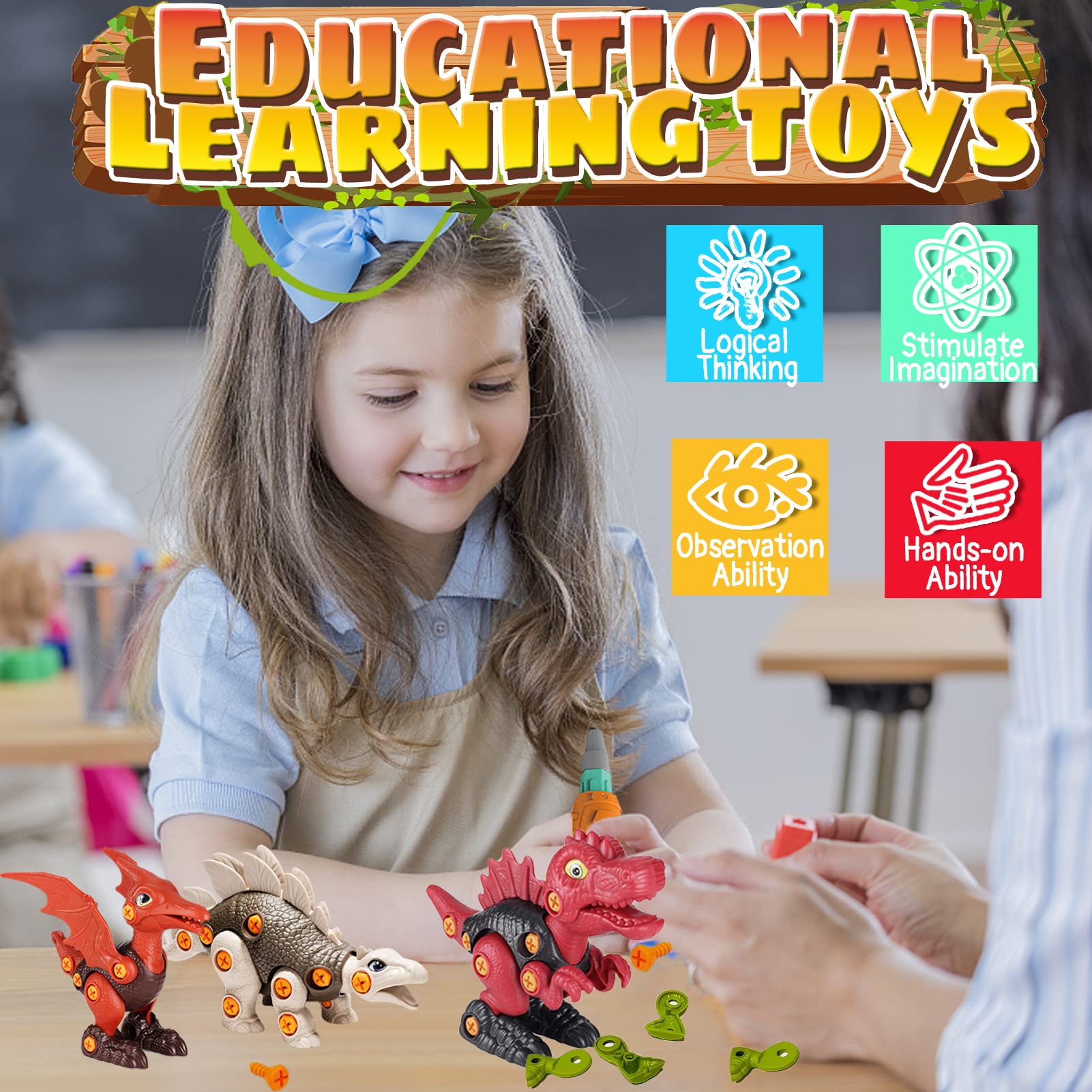 KAEGREEL Zabawka montażowa dla dzieci, 4 sztuki, konstrukcja dinozaura, zestaw zabawkowy z wiertarką elektryczną i śrubokrętem, edukacyjny prezent dla 3, 4, 5, 6, 7 lat, dla chłopców i dziewczynek