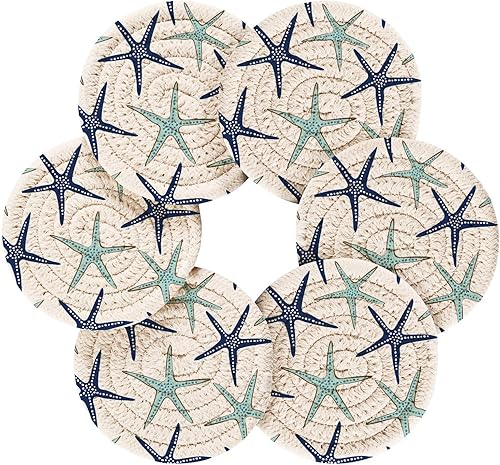 Vista 19 de Juego de 6 posavasos para bebidas con soporte, diseño retro de estrella de mar y estrella de mar, juego de 6 posavasos decorativos absorbentes
