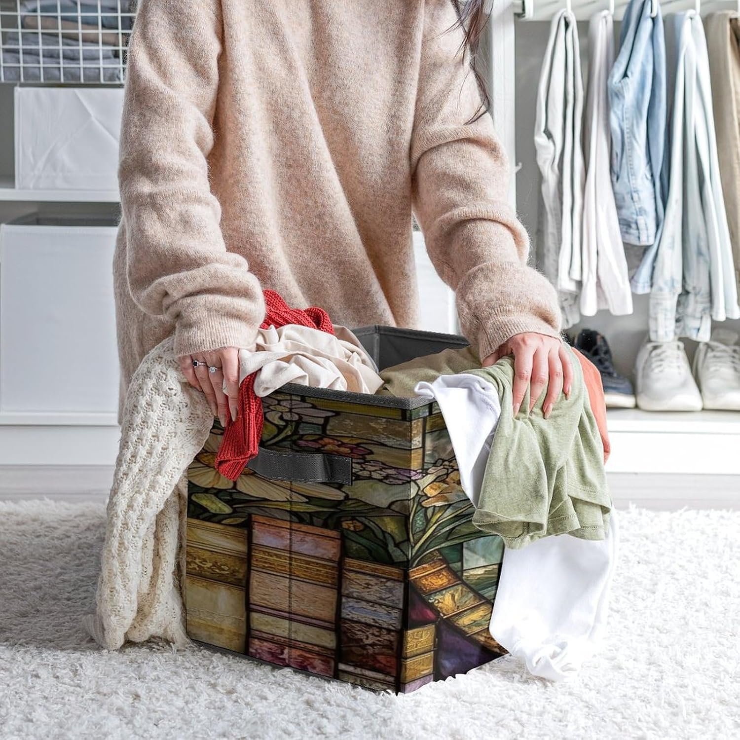 Vintage Wildflower Fabric Bins Storage Basket Square Baskets | Storage Bin with Double Handles,Cube Collapsible Organizers for Organization,Closet,Shelves,Offices