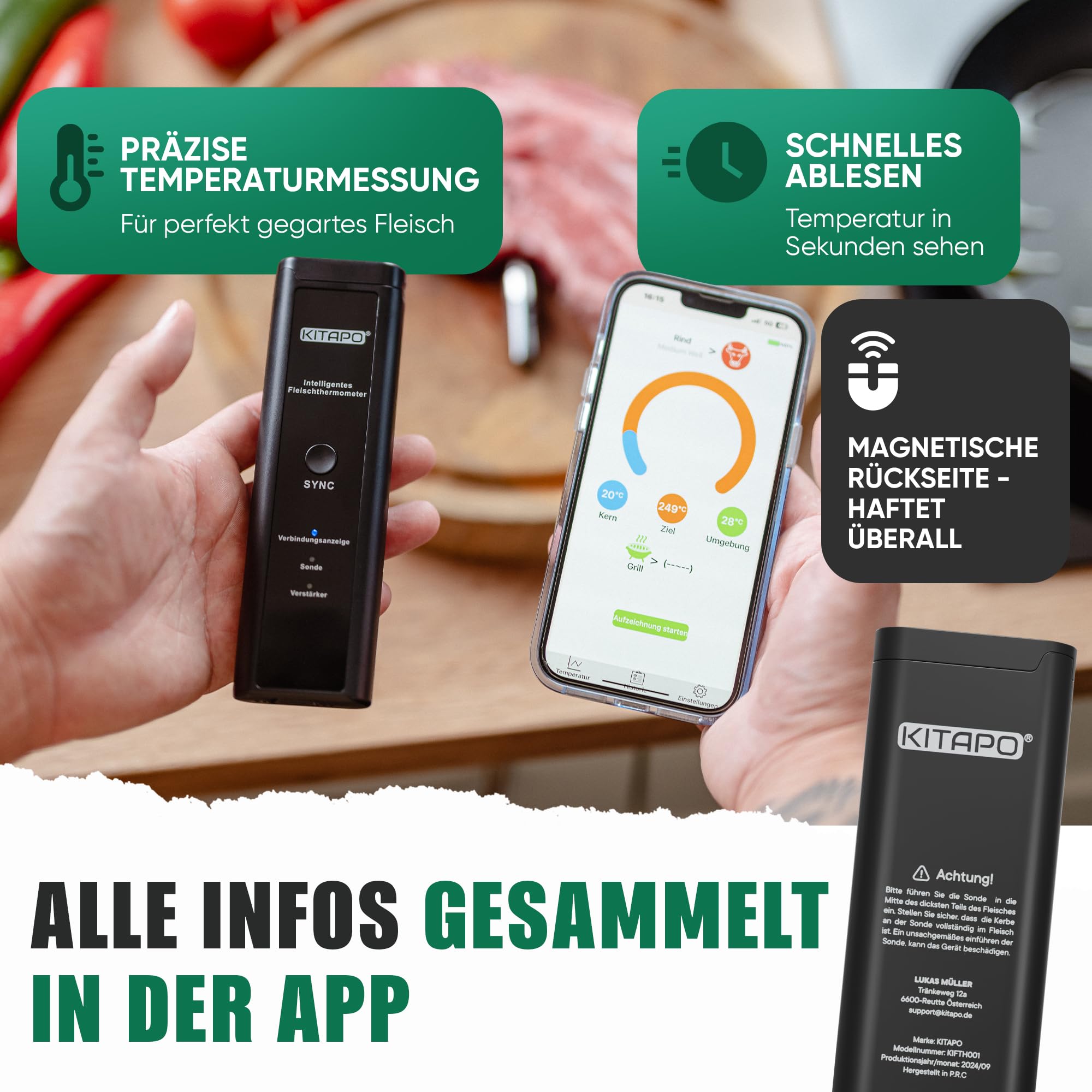 Fleischthermometer kabellos [inkl. App], Grillthermometer, intelligentes Bratenthermometer für Küche und Grill, hohe Reichweite, hitzebeständig bis 300°C, Thermometer Kochen, Küchenthermometer