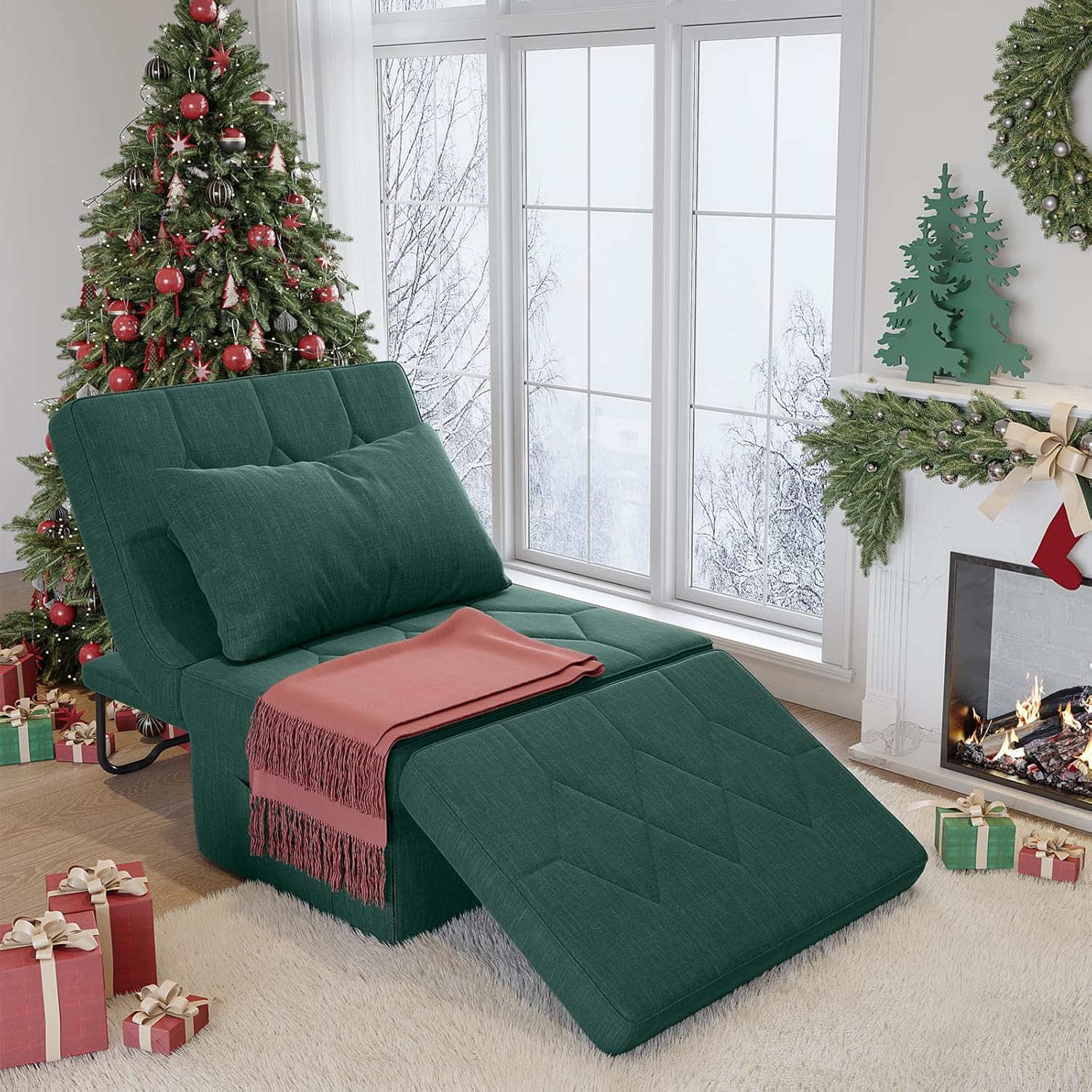 Convertible Sofa Bed with 5-Level Adjustable Backrest, 74" D x 28" W 4-in-1 Folding Ottoman Sleeper Chair Bed, Modern Single Futon Couch for Living Room Apartment Dorm Small Space, Green