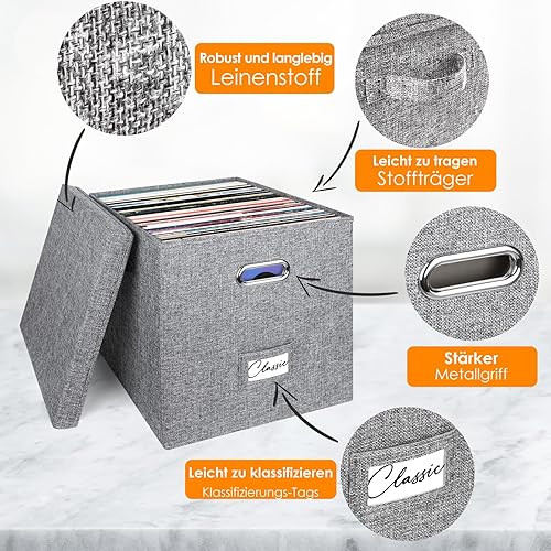 Miniatura 10 de Juego de 2 cajas de almacenamiento de discos de vinilo, para más de 100 discos individuales, apilables, color negro, caja de lino con tapa, soporte